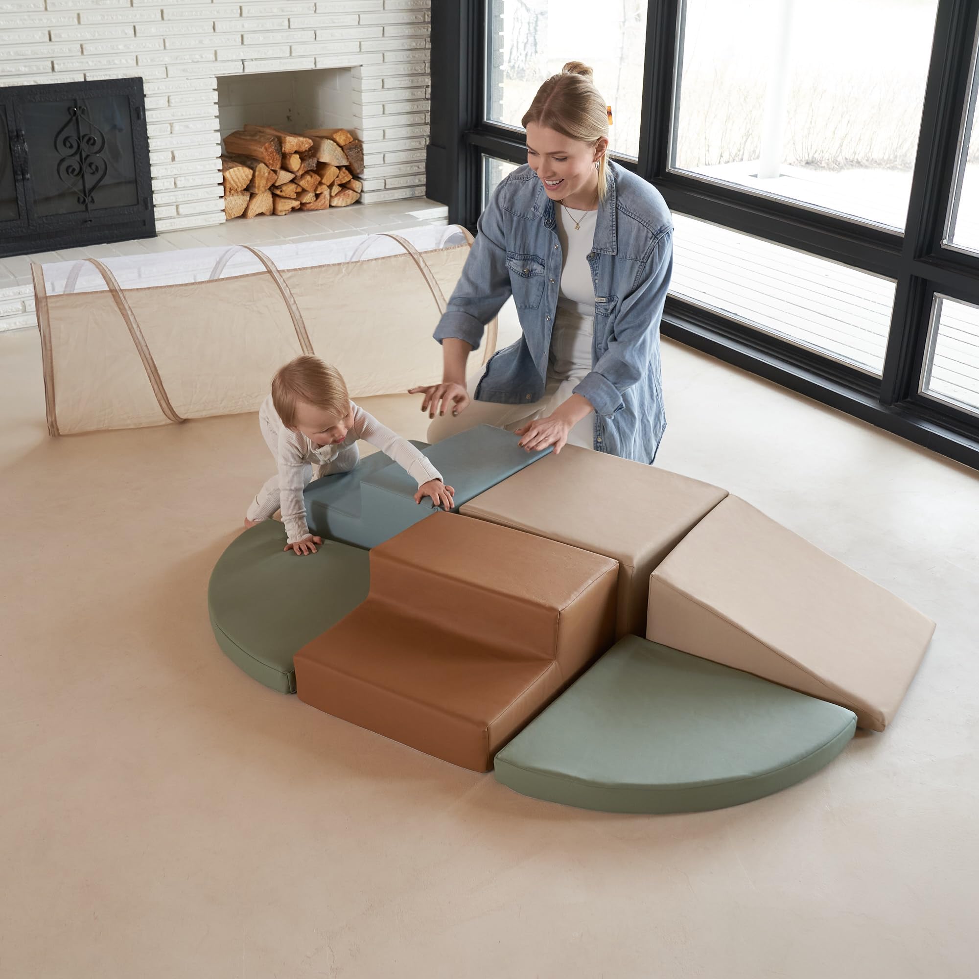 Fun Climbing Toy Set For Toddlers Aged 1-3 Incl Crawl Through Tunnel &amp; PU Leather Climbing Blocks For Unlimited Indoor Fun