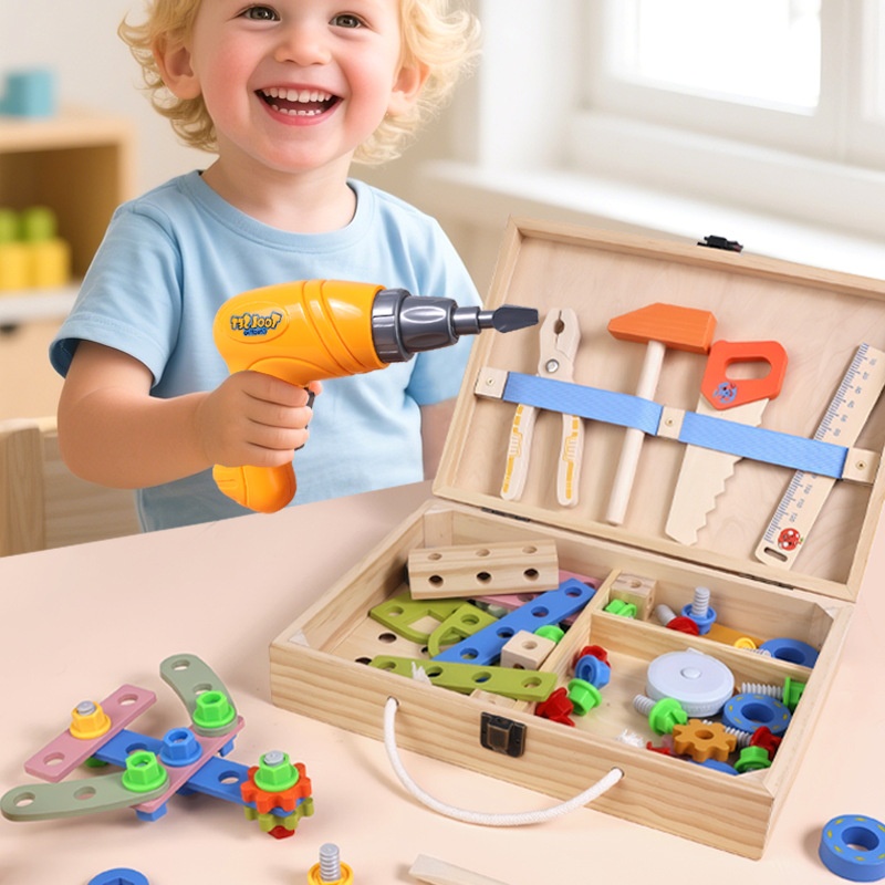 Montessori Wooden Repair Toolbox STEM Kids Toys With Pretend Assembly Screws Nuts Role Play Construction Set With Electric Drill