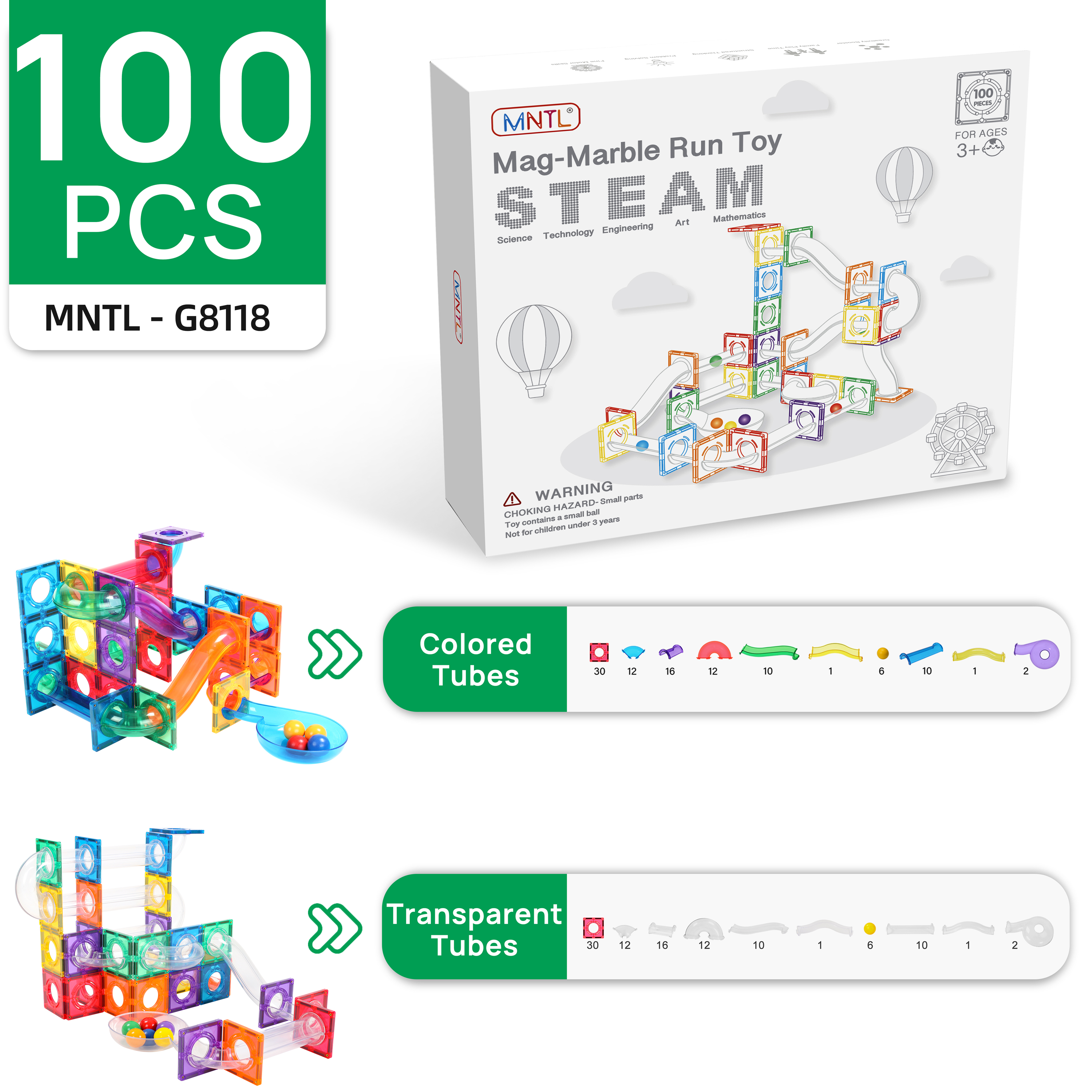 MNTL Kids Educational Stem Magnetic Tiles Toys Diy Marble Run 100pcs Magnetic Construction Building Tile Race Track Toy