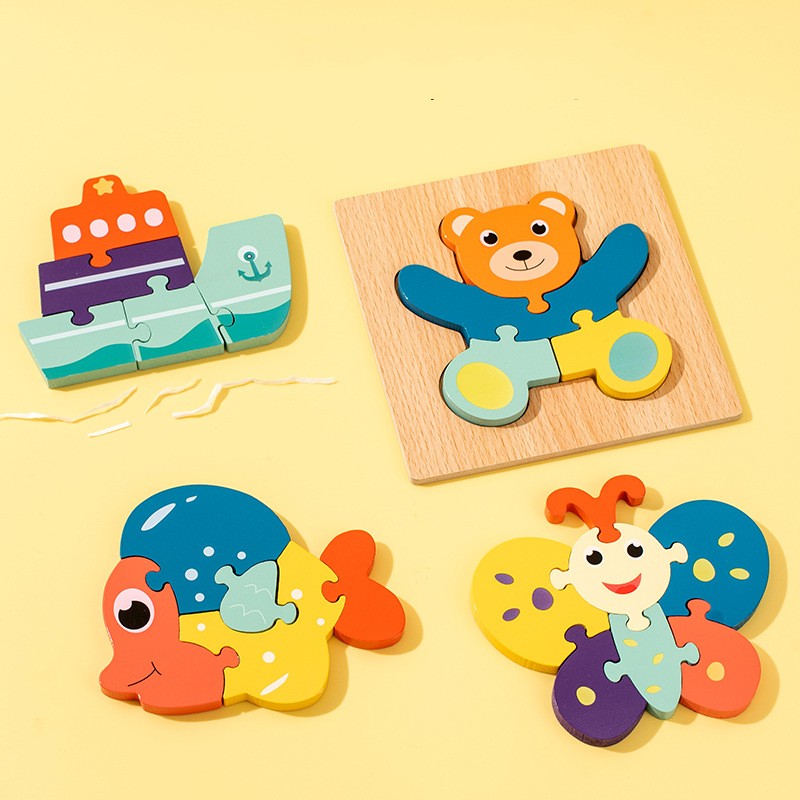 Montessori Children Wooden Diy 3D Cartoon Animal Puzzle Board Early Educational Geometry Pegged Puzzles Toy For Kids Boys Girls