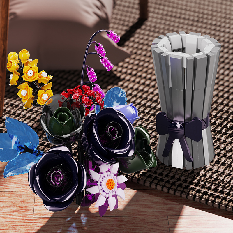 13039 Creative Spelling Art Flower Vase Rose Decoration Model Small Parts Assembly Building Block Set Toy Children Gift