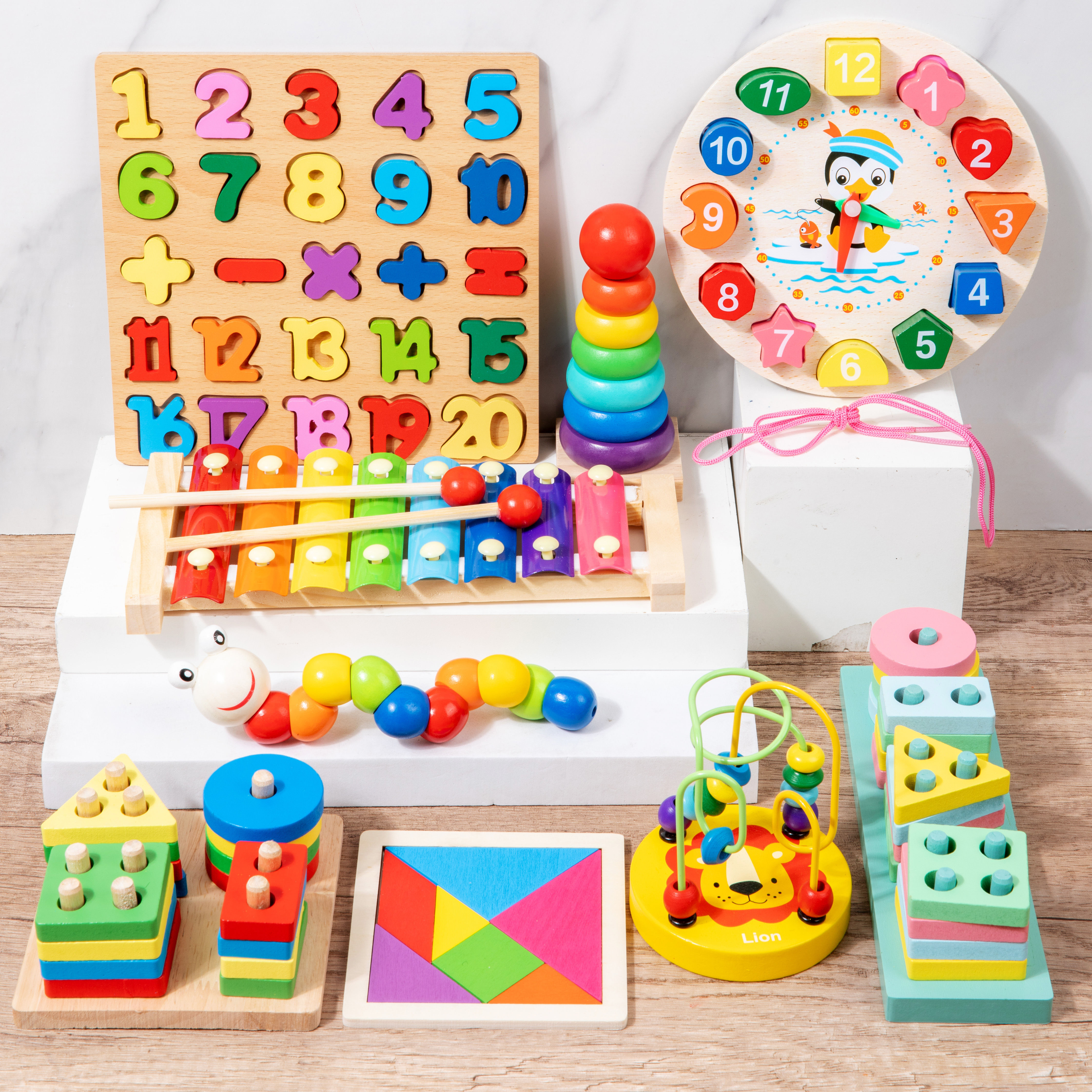 Shine Pep Montessori Early Education Children's Wooden Xylophone Toy and Shaped Cognitive Board Puzzle Set of 11 Types Color Box