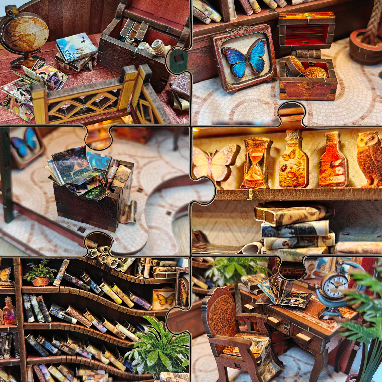 Adults Hobby Winding Alley Library 3D Wooden Puzzle DIY Miniature House &amp; Bookshelf Craft Kit 1:8 Scale Assembly Model