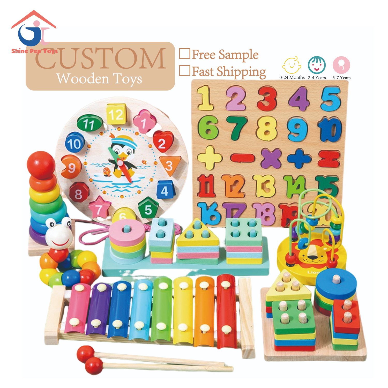 Shine Pep Montessori Early Education Children's Wooden Xylophone Toy and Shaped Cognitive Board Puzzle Set of 11 Types Color Box