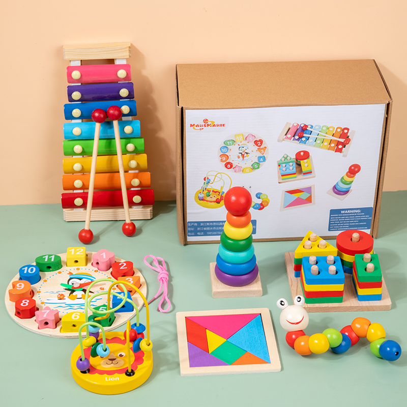 Montessori Early Education Children's Wooden Xylophone Toy and Shaped Cognitive Board Puzzle Set of 11 Types