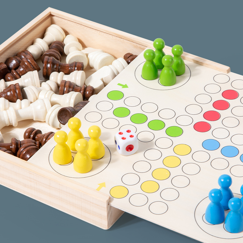 Montessori Multi-Function 2-in-1 Wood Puzzle Chess Family Interactive Board Games Educational Toys For Kids Boys Girls Gifts