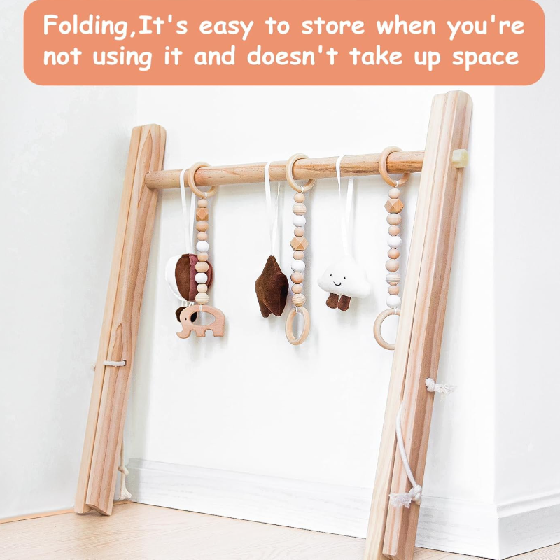 Newborn Shower Gift Soft Montessori Wooden Baby Play Gym Foldable with 6 Hanging Sensory Toys