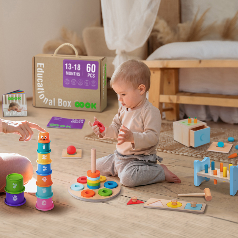 Wooden Montessori 13-18 Months Educational Box Toy Set Shape Puzzle Stacking Toy Building Blocks Tower Pound Bench Toy Box