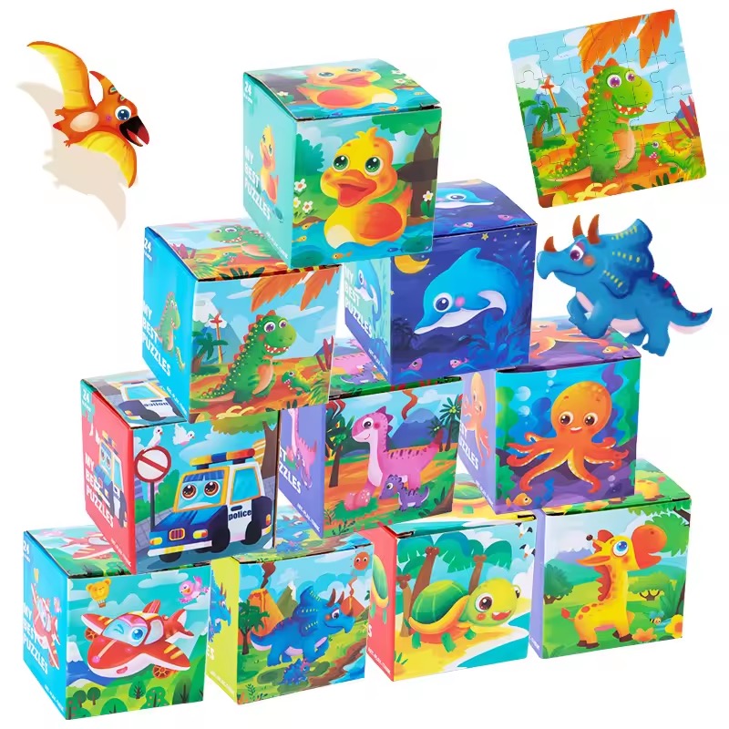 24pcs Montessori Classic Carton Wood Jigsaw Puzzle Early Educational Initiation Baby Kids Puzzles Toys for Boys &amp; Girls Gift