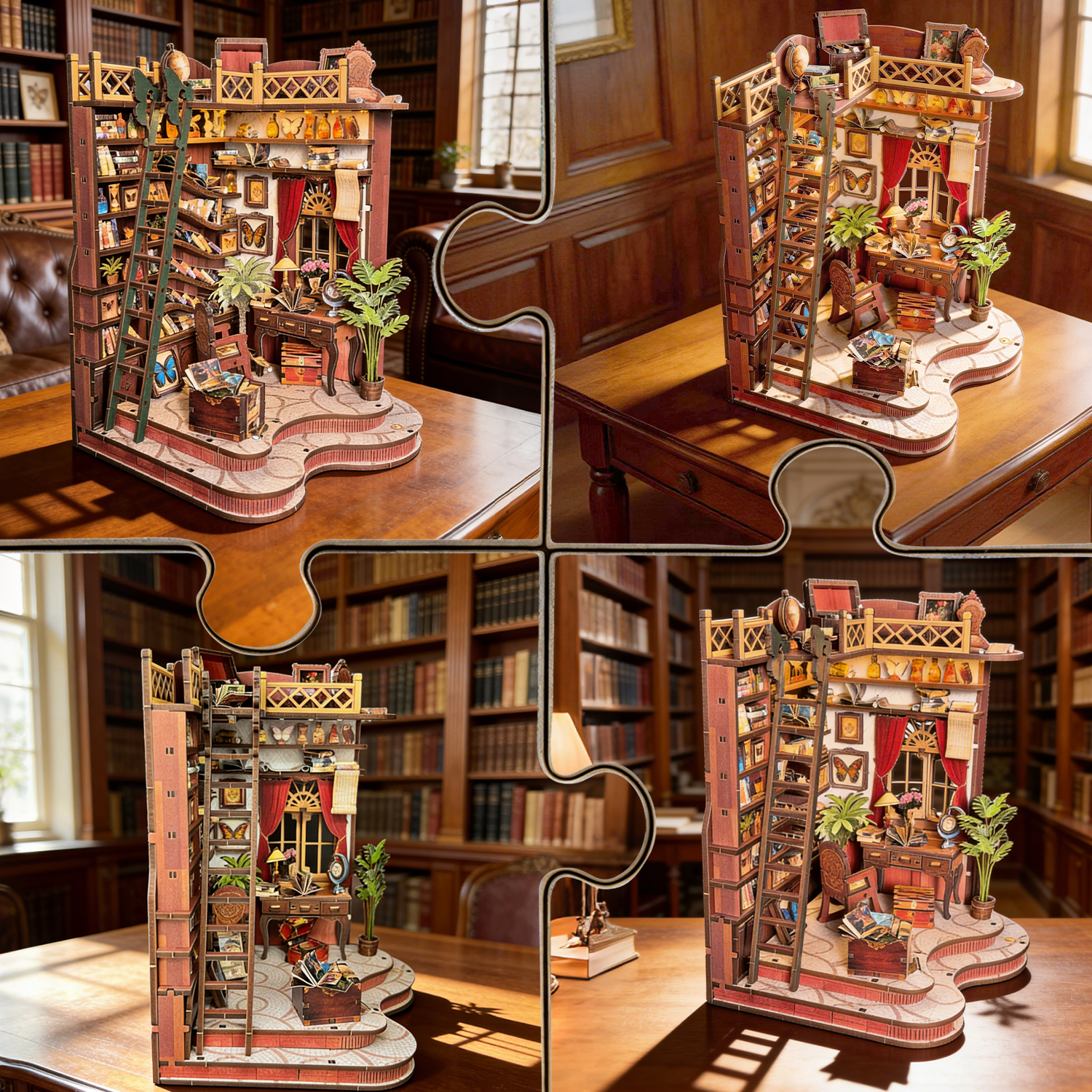 Adults Hobby Winding Alley Library 3D Wooden Puzzle DIY Miniature House &amp; Bookshelf Craft Kit 1:8 Scale Assembly Model