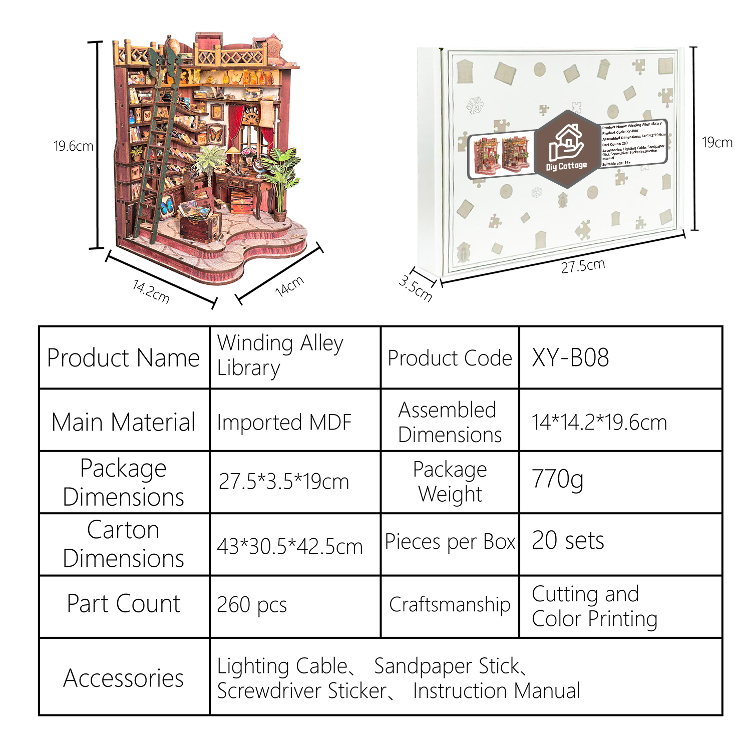 Adults Hobby Winding Alley Library 3D Wooden Puzzle DIY Miniature House &amp; Bookshelf Craft Kit 1:8 Scale Assembly Model