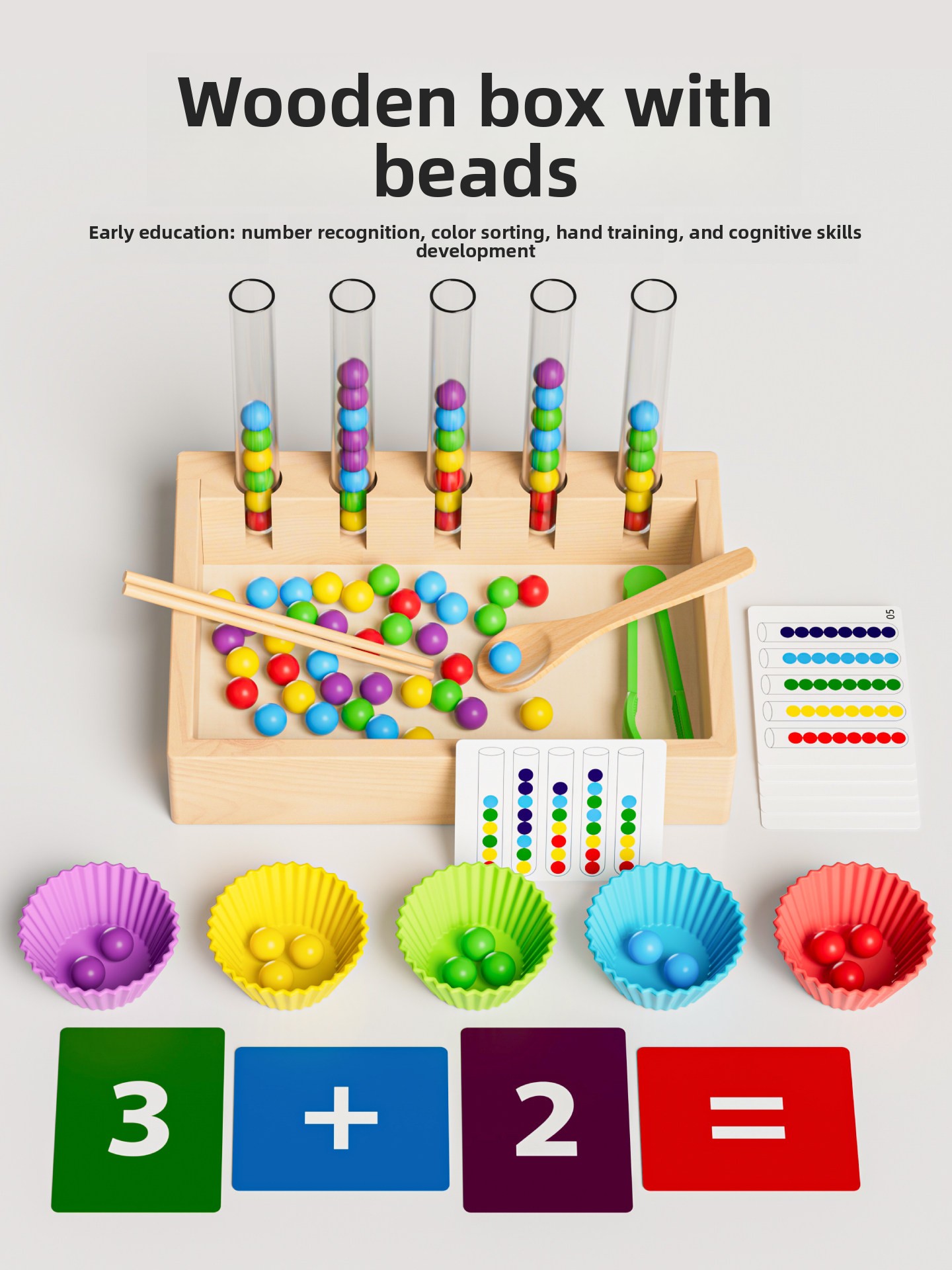 Wooden Toddler Educational Toy with Colorful Balls Tweezers Spoon Matching Cards Preschool Activity Early Learning DIY