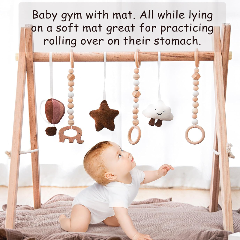 Newborn Shower Gift Soft Montessori Wooden Baby Play Gym Foldable with 6 Hanging Sensory Toys