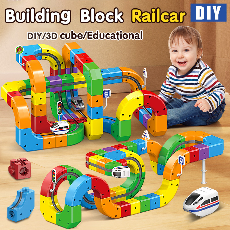 Diy Assembly Magic Track Car Building Block Multiple Shapes Kids stem Educational Electronic Rail Train Plastic Cube Toys Sets