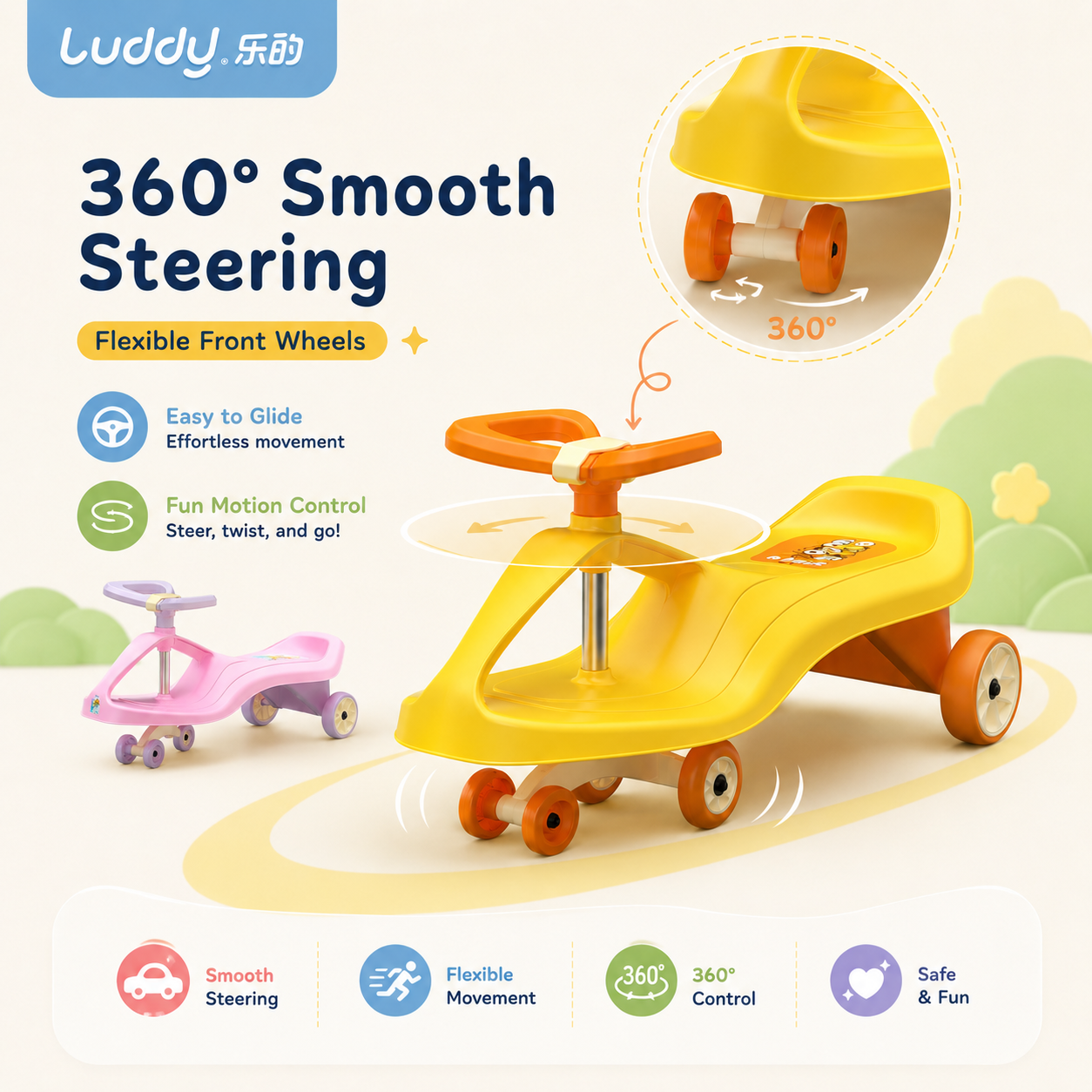Luddy Custom 2-in-1 Toddler Scooter Foldable Seat Lean to Steer Kids Push Ride on Toy Indoor Outdoor Play LED Wheel Scooter