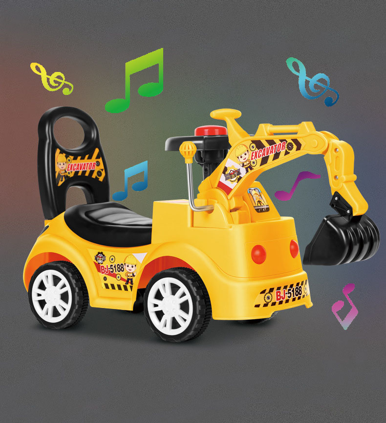 Kids sliding car ride on digger back view