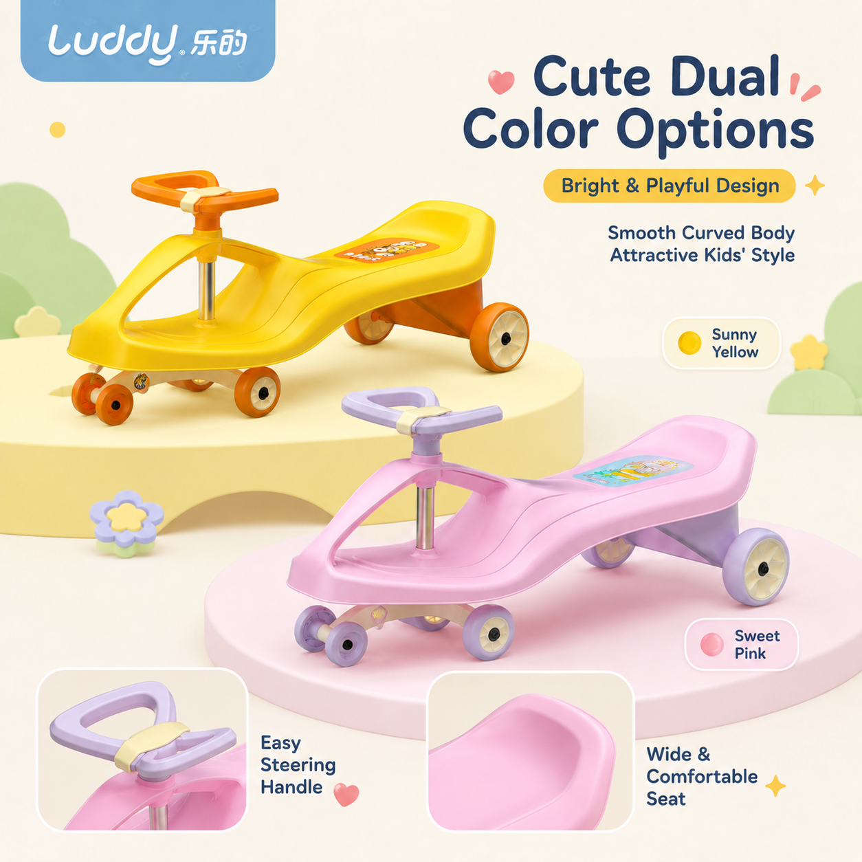 Luddy Custom 2-in-1 Toddler Scooter Foldable Seat Lean to Steer Kids Push Ride on Toy Indoor Outdoor Play LED Wheel Scooter