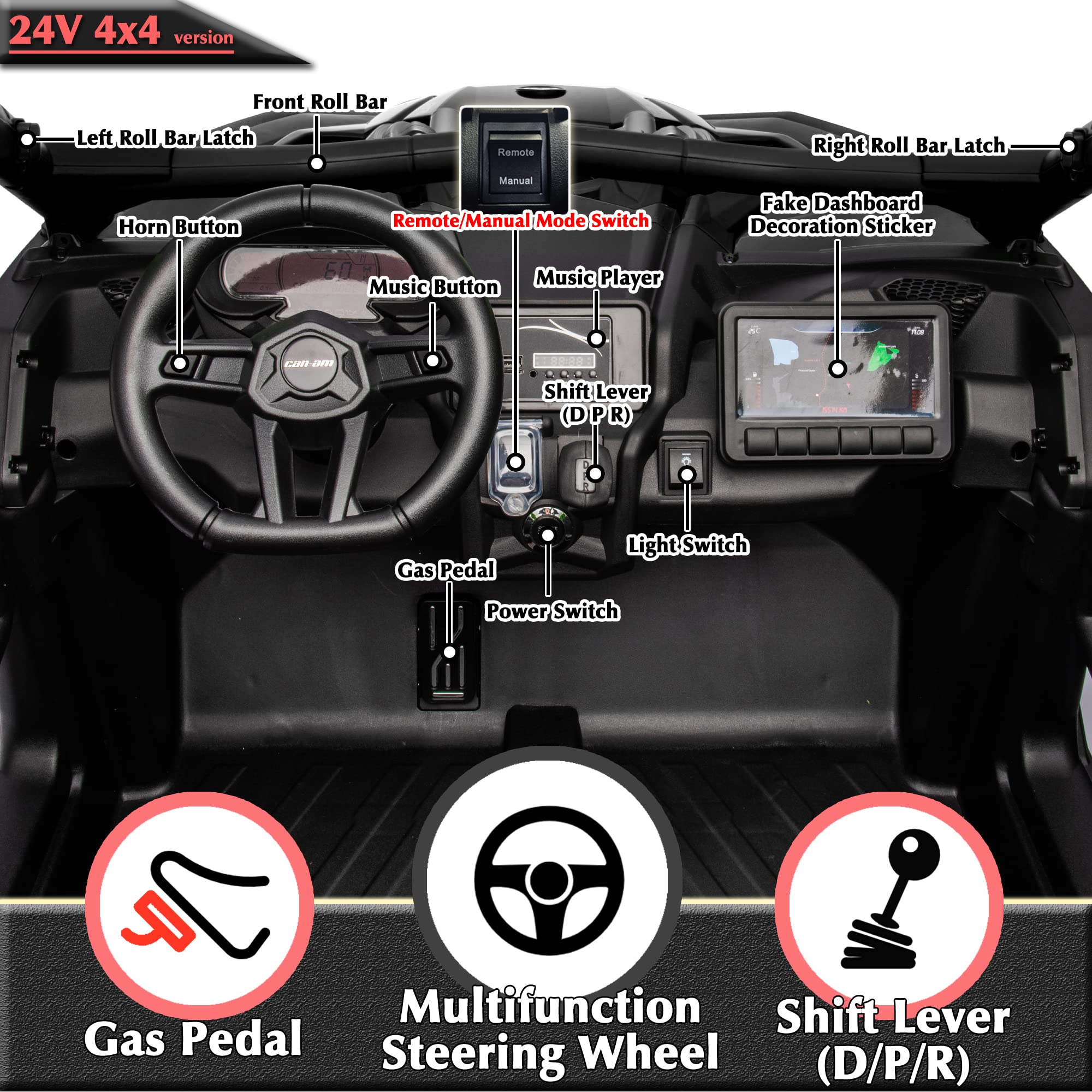 BRP CAN-AM 24V Kids UTV 2 Seater Ride-On Remote Control Off-Road Buggy Electric Vehicle 4 Wheels EVA Tires Music Play 2 4 Years