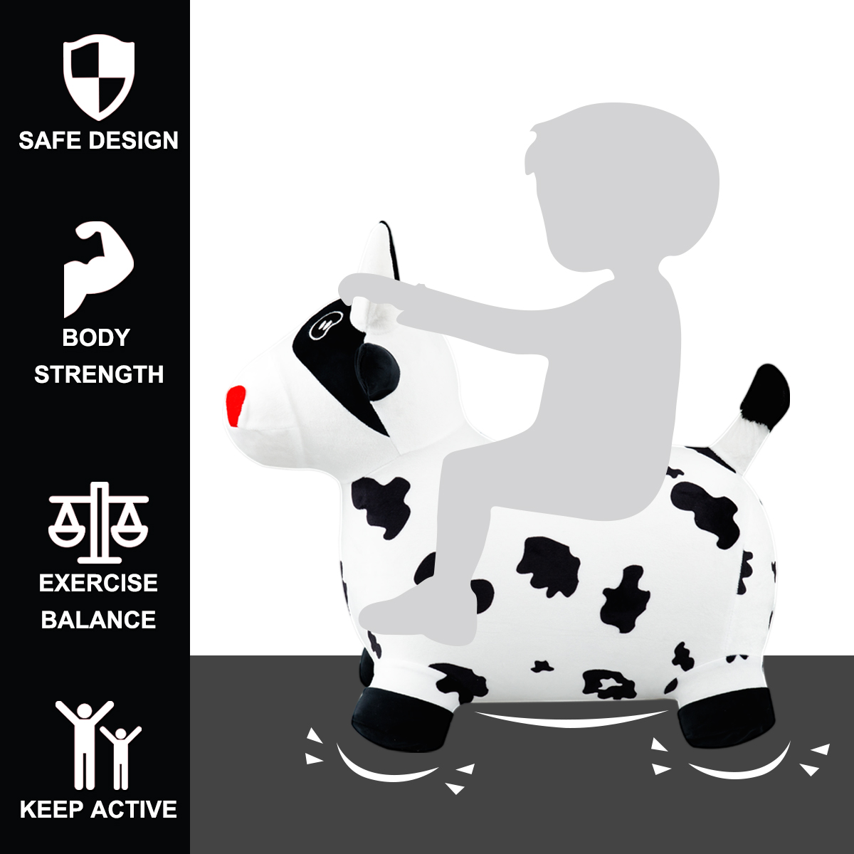 High Quality Custom Inflatable Plush Bouncy Animal Toy Kids Ride-on Exercise Balance Bouncy Cow in Cloth for Kids