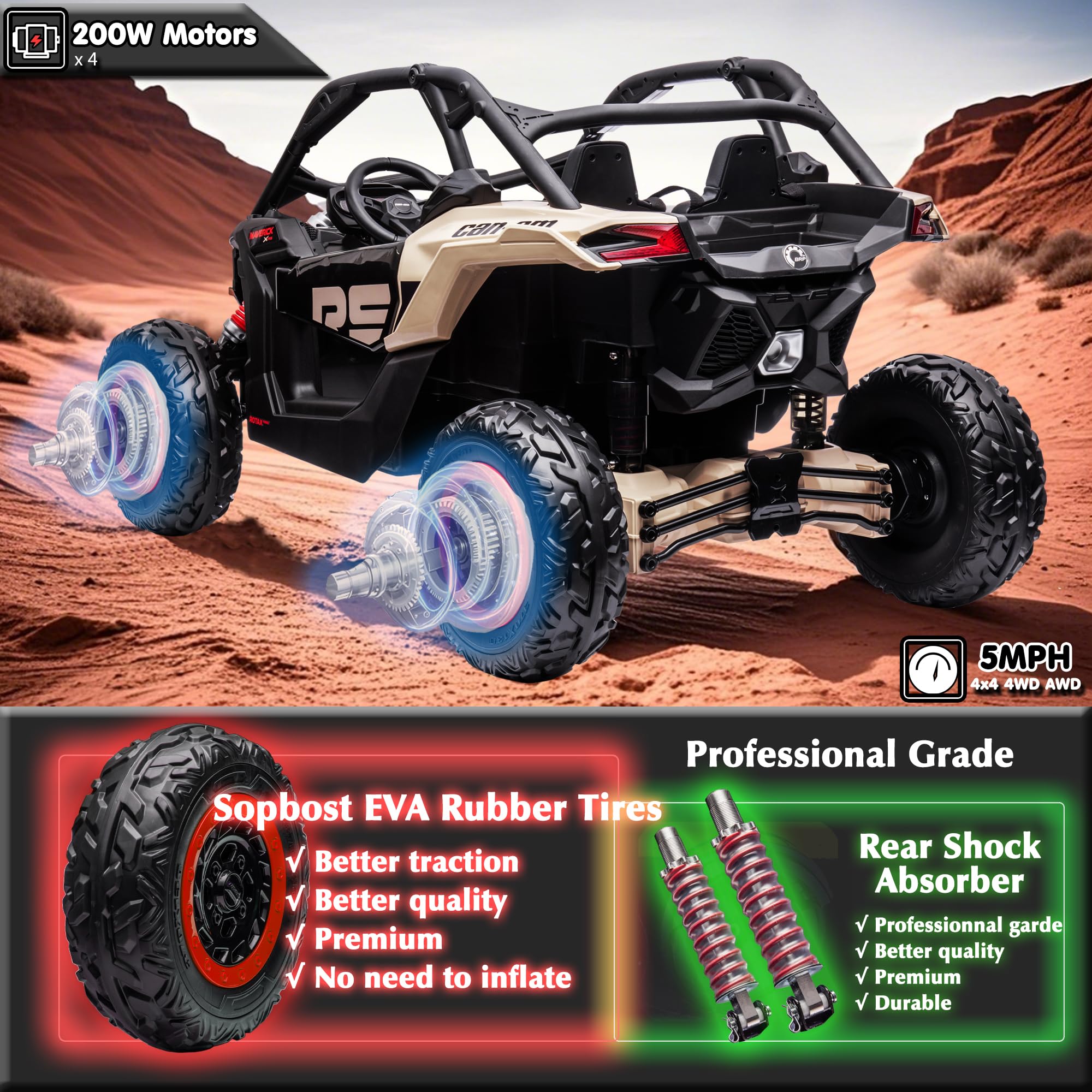 BRP CAN-AM 24V Kids UTV 2 Seater Ride-On Remote Control Off-Road Buggy Electric Vehicle 4 Wheels EVA Tires Music Play 2 4 Years