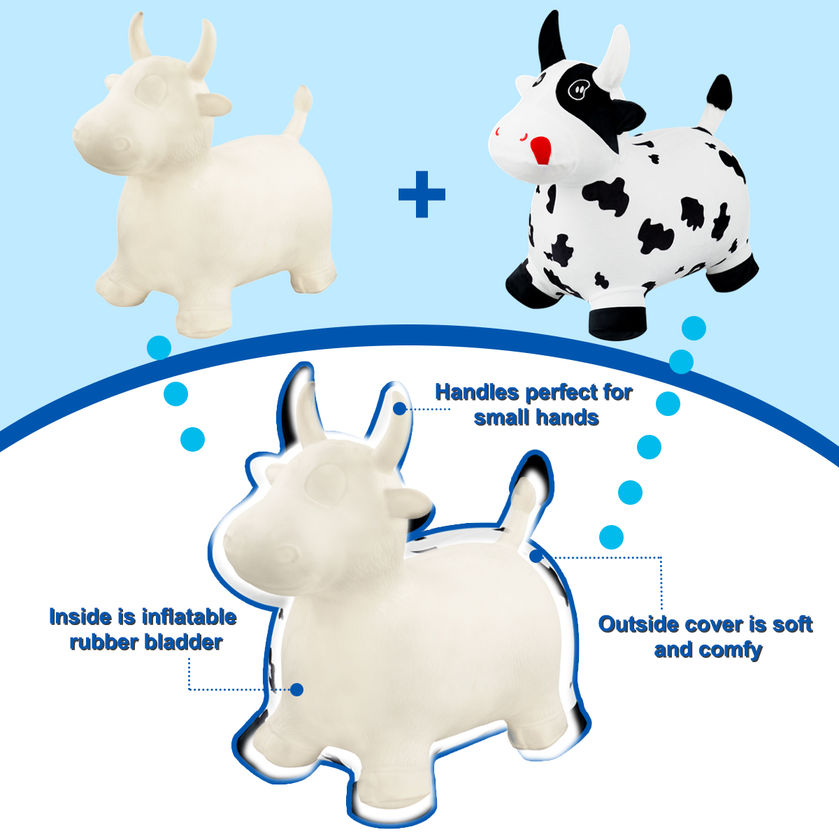High Quality Custom Inflatable Plush Bouncy Animal Toy Kids Ride-on Exercise Balance Bouncy Cow in Cloth for Kids