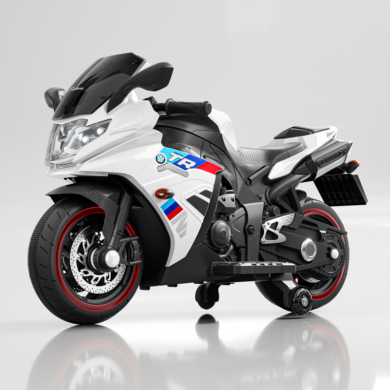 12V Kids Electric Racing Bike, White Ride on Motorcycle with Training Wheels for 3-8 Years