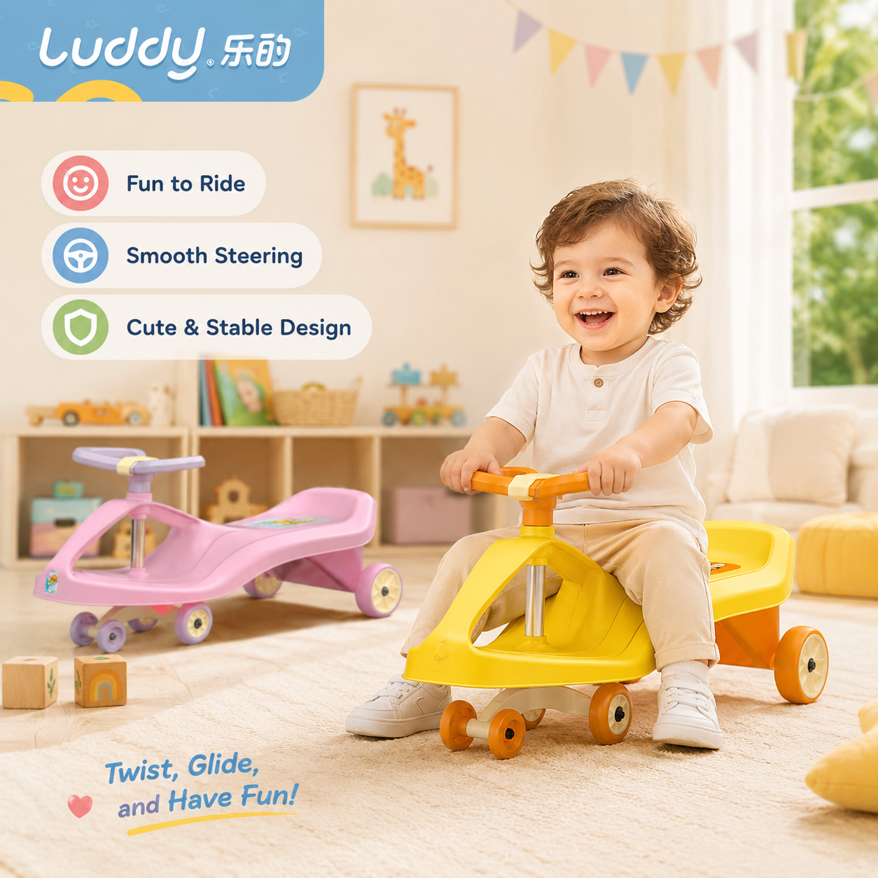 Luddy Custom 2-in-1 Toddler Scooter Foldable Seat Lean to Steer Kids Push Ride on Toy Indoor Outdoor Play LED Wheel Scooter