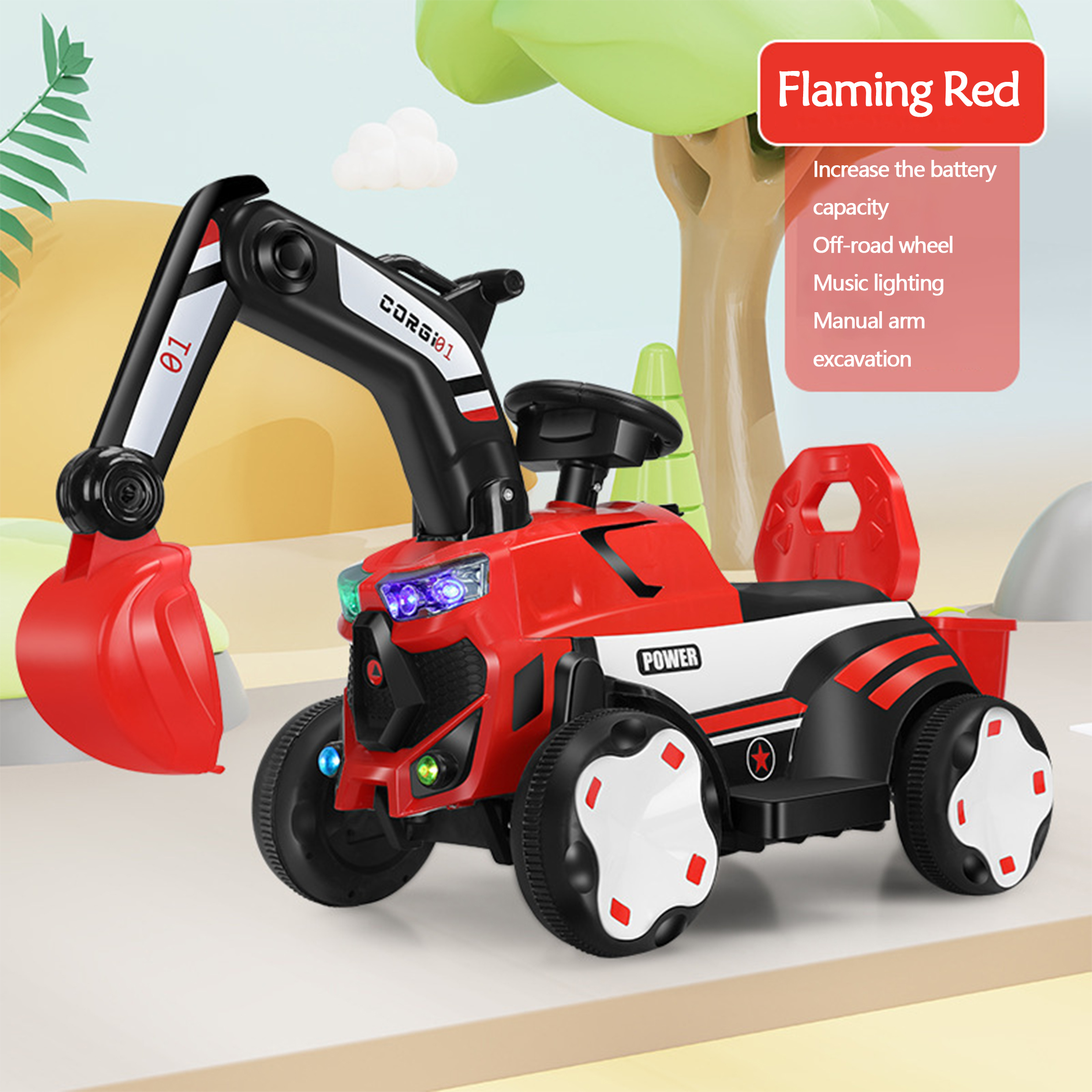 Multi-Function Kids Construction Vehicle - Ride-On Tractor with Tow Bar and Digger Arm, 6V Battery for Children 3-8 Years