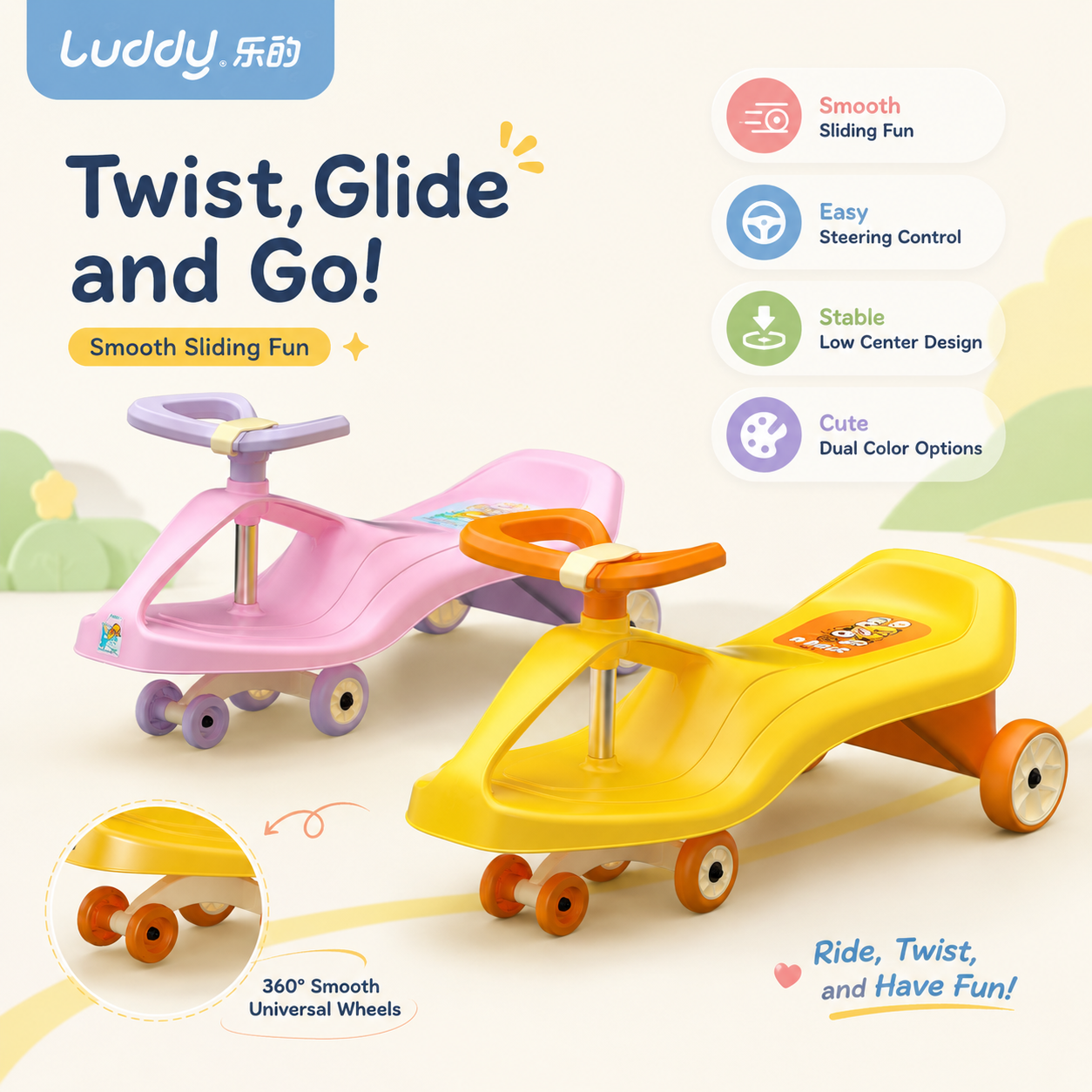 Luddy Custom 2-in-1 Toddler Scooter Foldable Seat Lean to Steer Kids Push Ride on Toy Indoor Outdoor Play LED Wheel Scooter