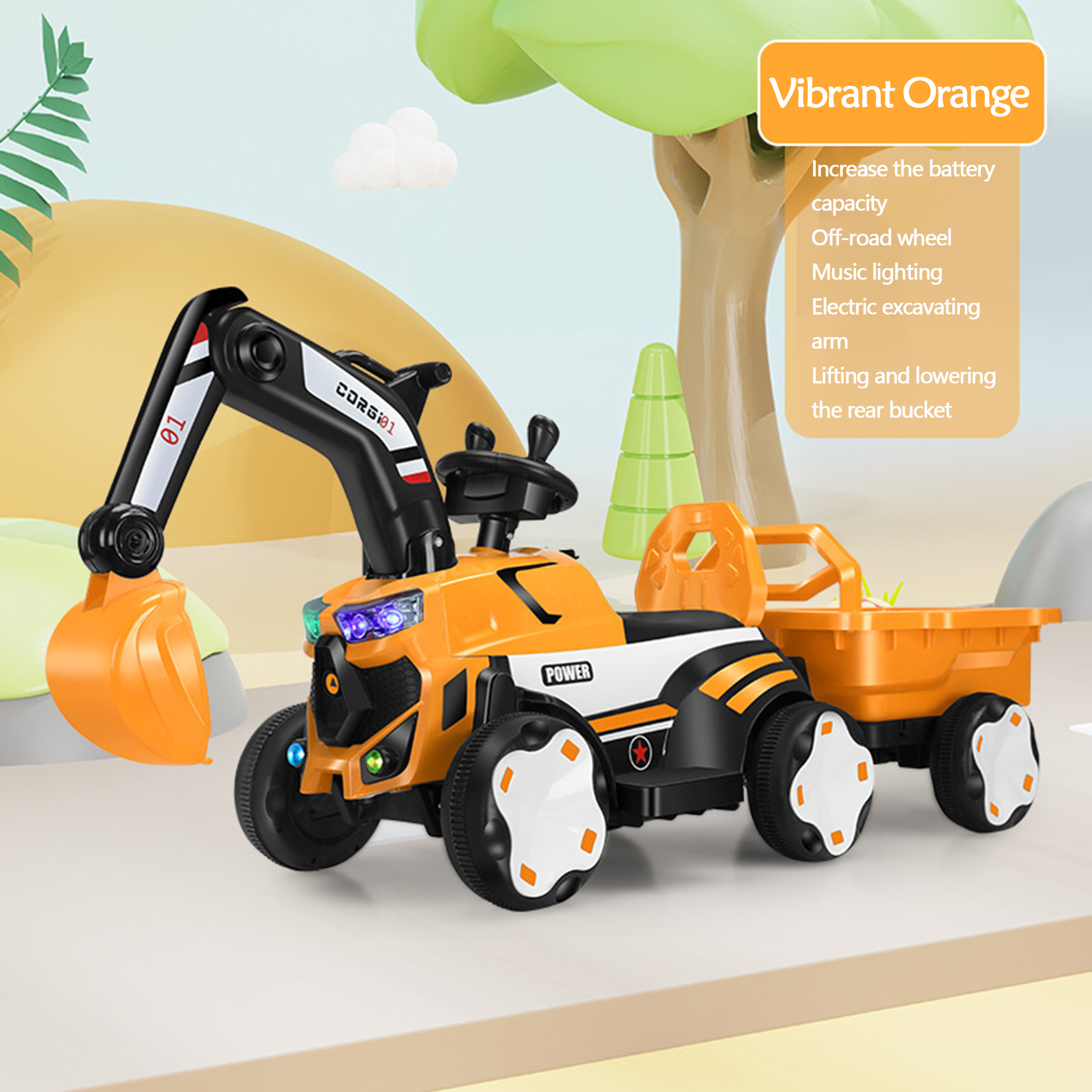 Multi-Function Kids Construction Vehicle - Ride-On Tractor with Tow Bar and Digger Arm, 6V Battery for Children 3-8 Years