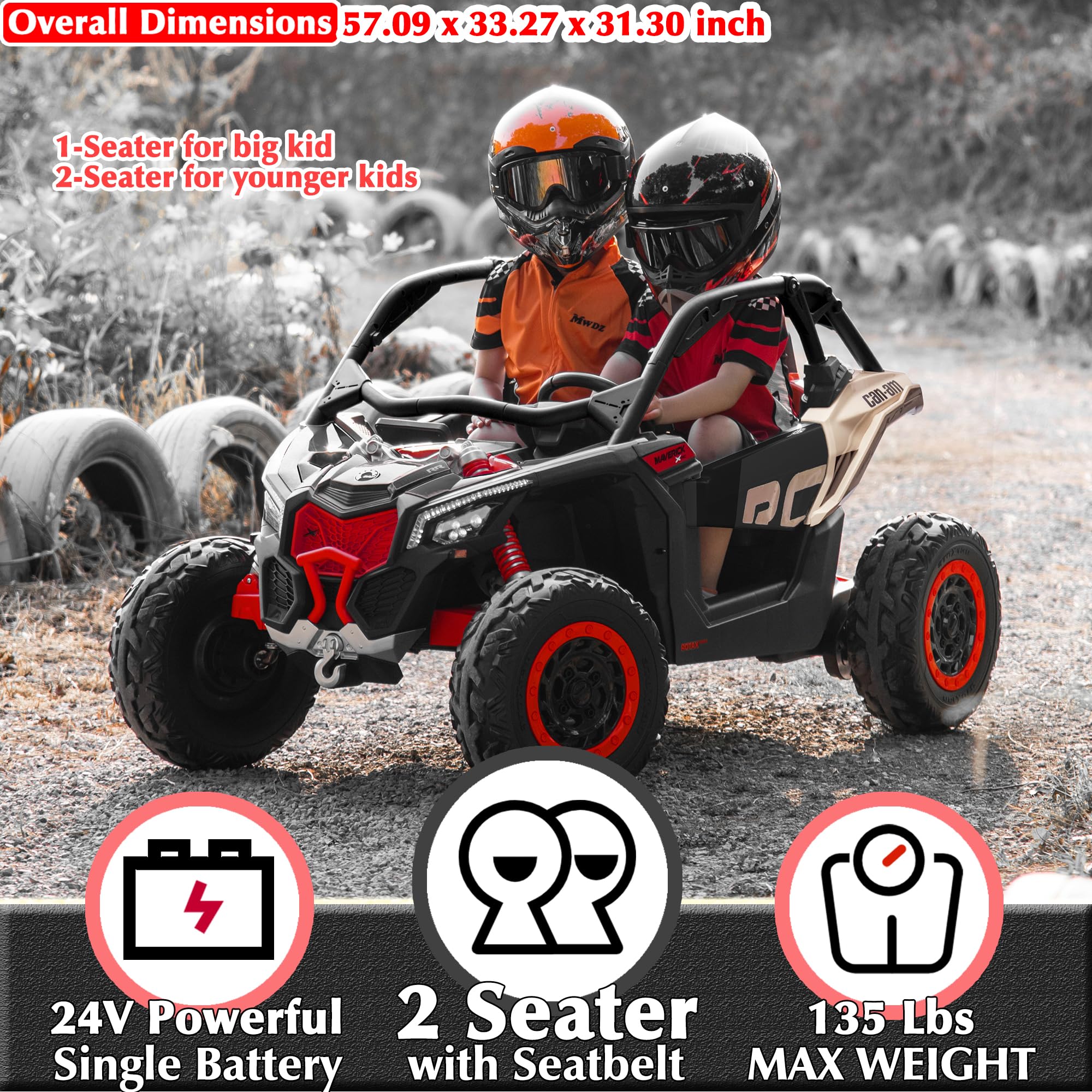BRP CAN-AM 24V Kids UTV 2 Seater Ride-On Remote Control Off-Road Buggy Electric Vehicle 4 Wheels EVA Tires Music Play 2 4 Years