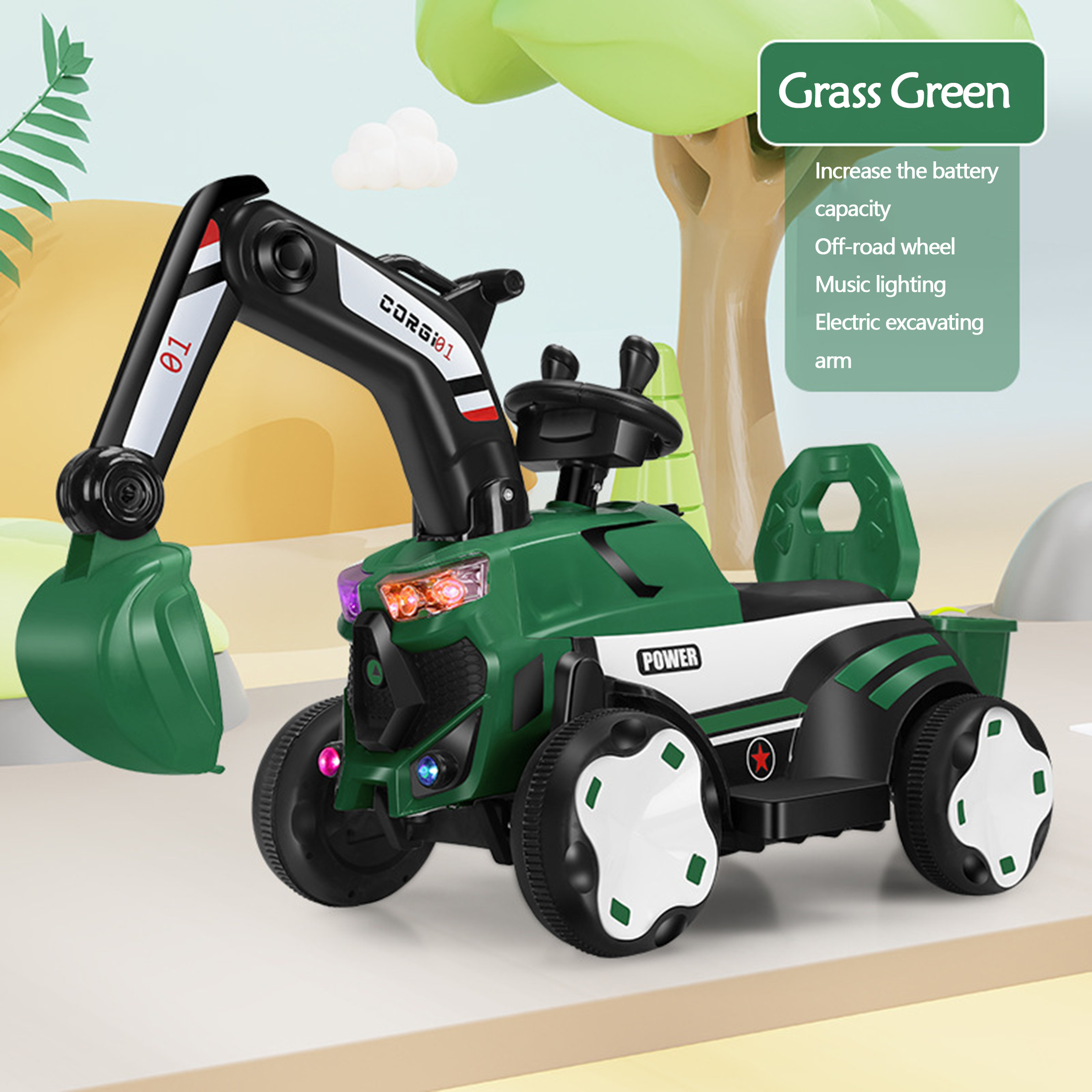 Multi-Function Kids Construction Vehicle - Ride-On Tractor with Tow Bar and Digger Arm, 6V Battery for Children 3-8 Years