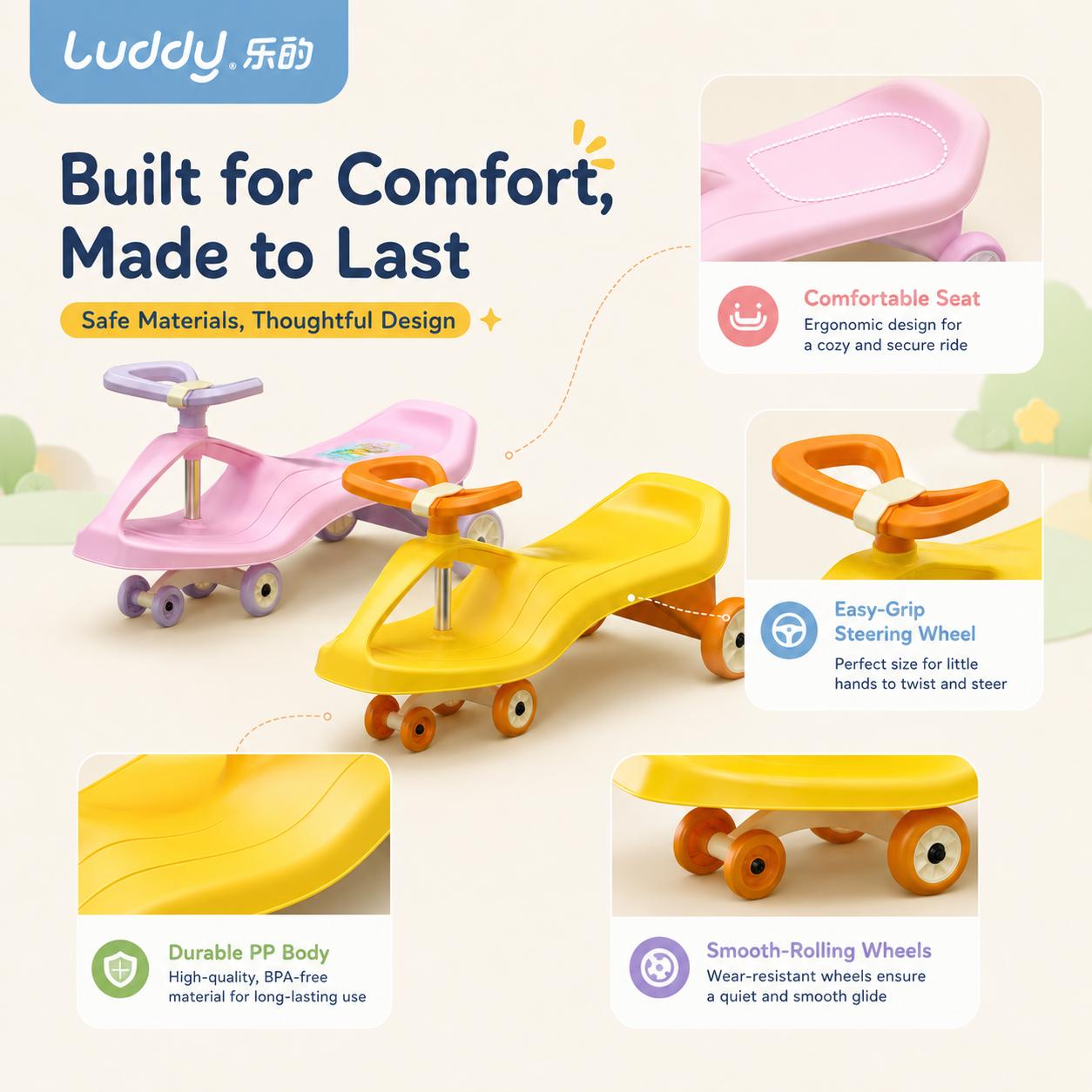 Luddy Custom 2-in-1 Toddler Scooter Foldable Seat Lean to Steer Kids Push Ride on Toy Indoor Outdoor Play LED Wheel Scooter