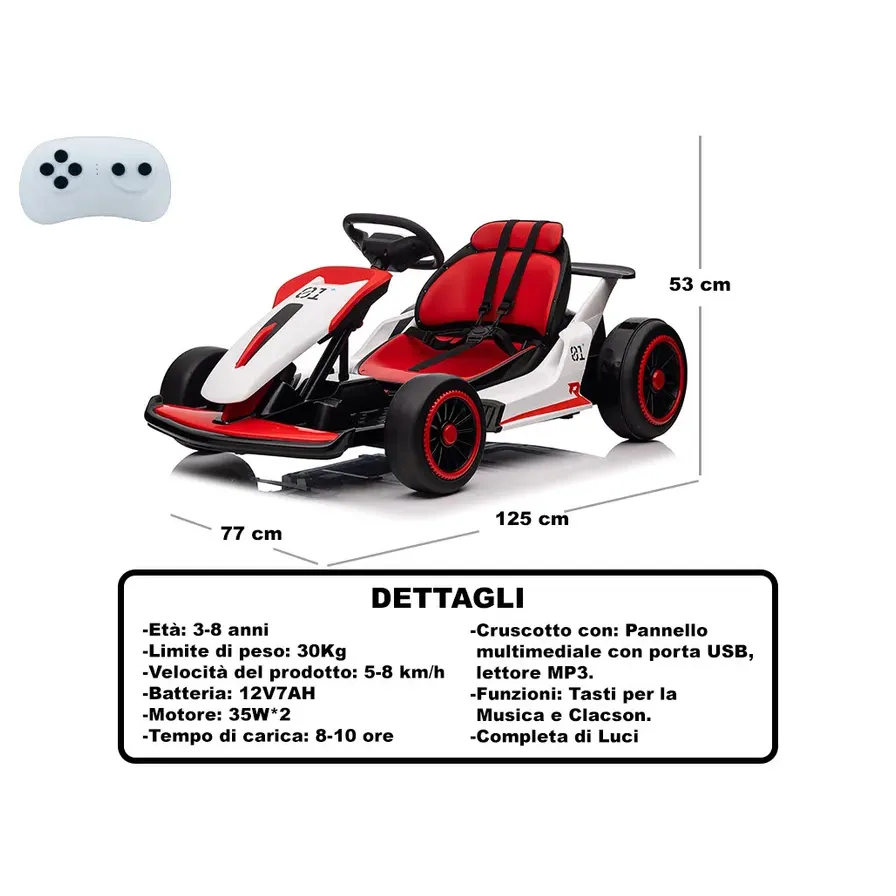 Red Ride-On Battery-Powered 12V7.0ah Plastic Go Kart Car 125Cm 3-8 Years Kids with 35W*2 Motor and Remote Control
