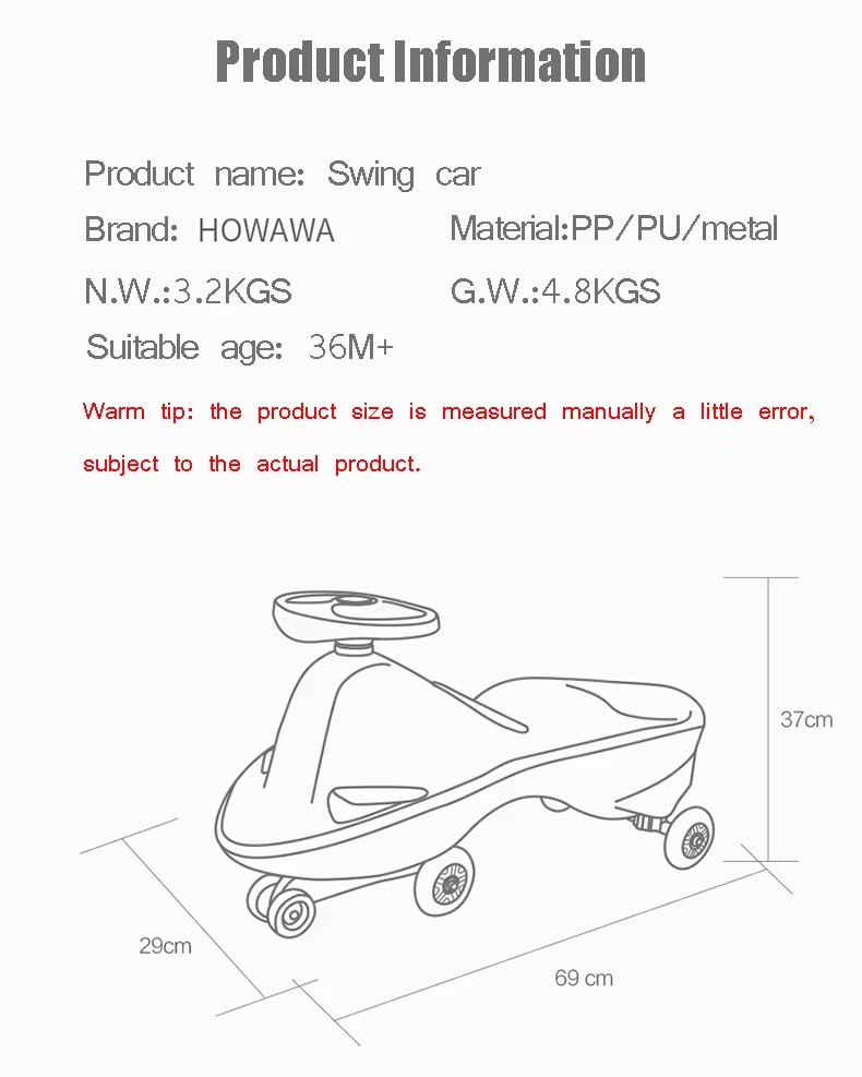PP Wheel Happy Swing Car Outdoor Ride-On Vehicle for Kids 2 to 4 Years Durable Plastic Toy
