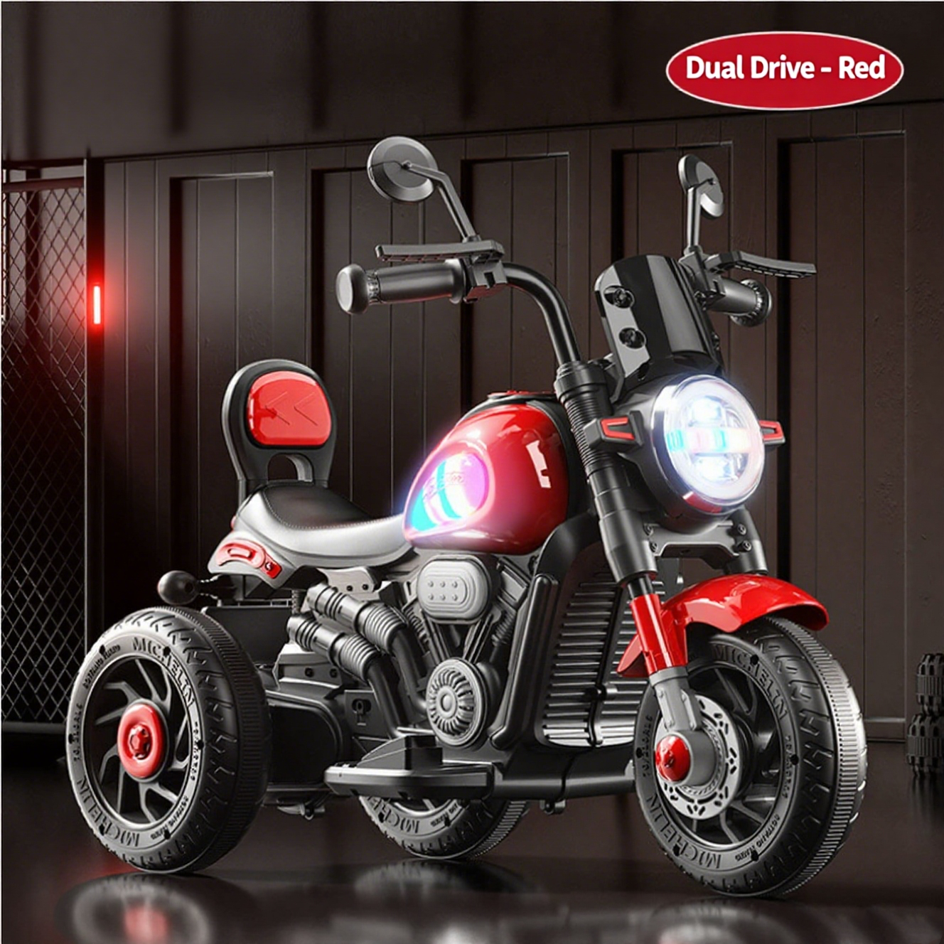 Ecofly Red Plastic Electric Ride-on Rechargeable Dual-drive Tricycle Motorcycle for 2-8 Year Old Kids Indoor/Outdoor Use