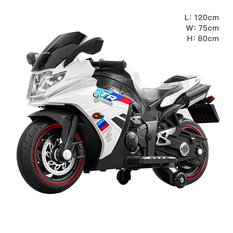 12V Kids Electric Racing Bike, White Ride on Motorcycle with Training Wheels for 3-8 Years