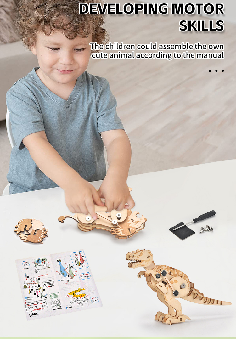 Hands-on Craft DIY 3D Poplar Wood Puzzle Wind-up Walking Animal Model STEM Educational Kit for Ages 4-6