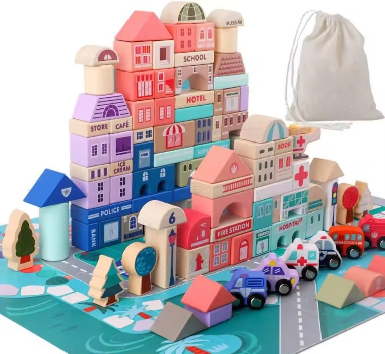 Wooden Building Blocks Set City Construction Stacker Stacking Preschool Learning Educational Toys Toddler Toys