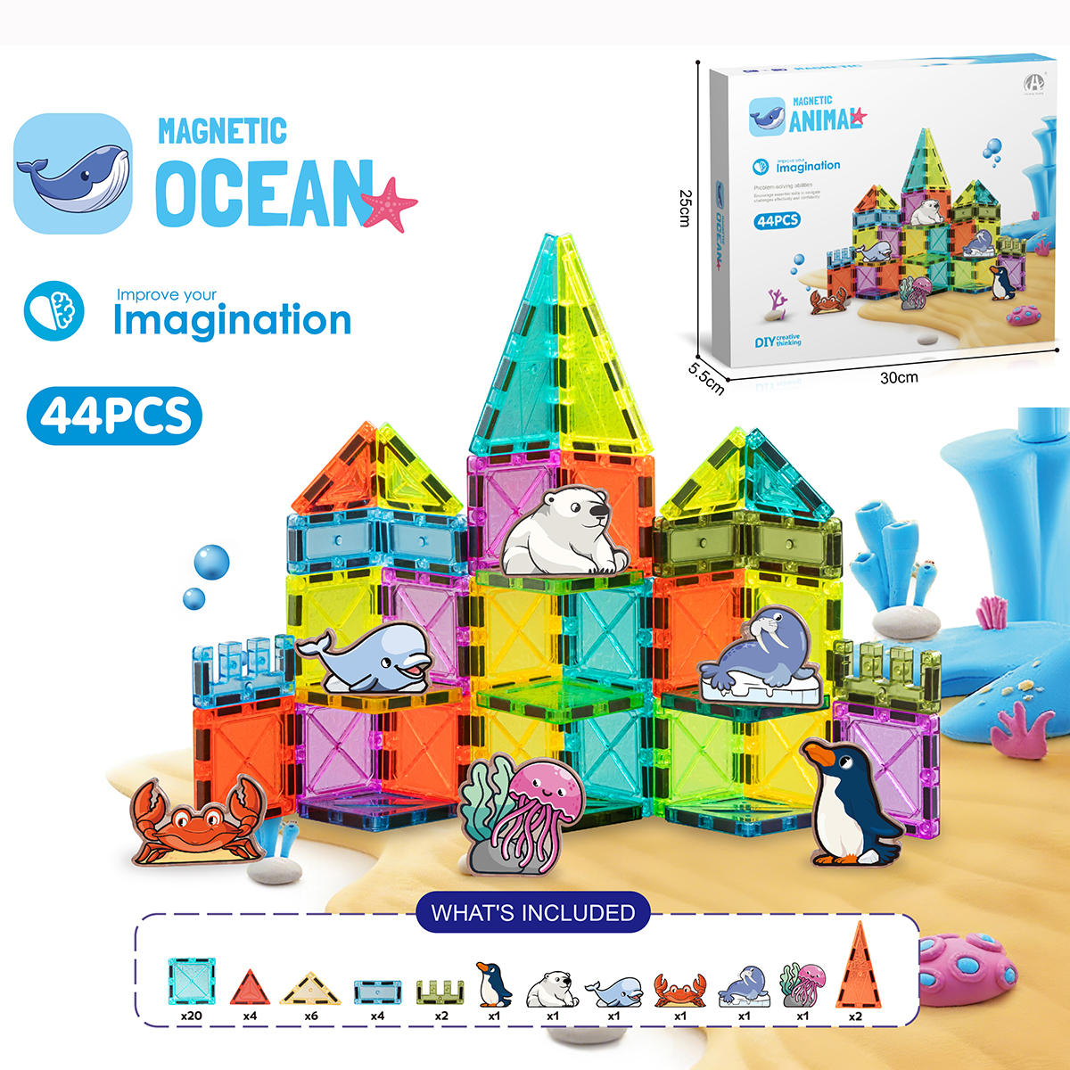 Magnetic Tiles Ocean Animal Building Set, 44PCS STEM Magnetic Construction Blocks, Educational Toys for Kids with Sea Creatures
