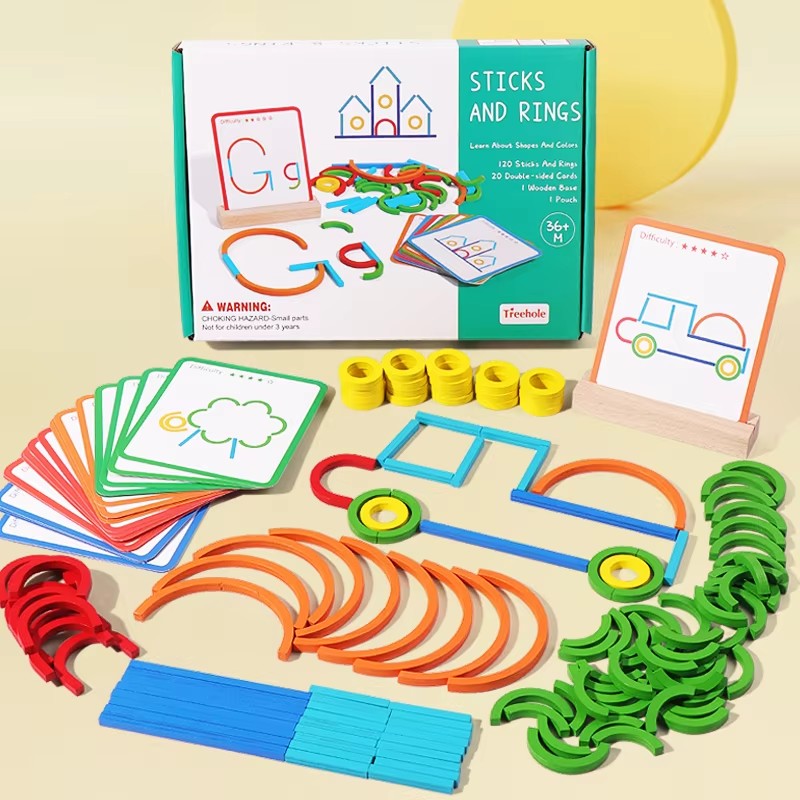 Montessori Early Education Wooden Pattern Blocks Creative Sticks Rings Puzzle Safe Wooden Toys for Kids