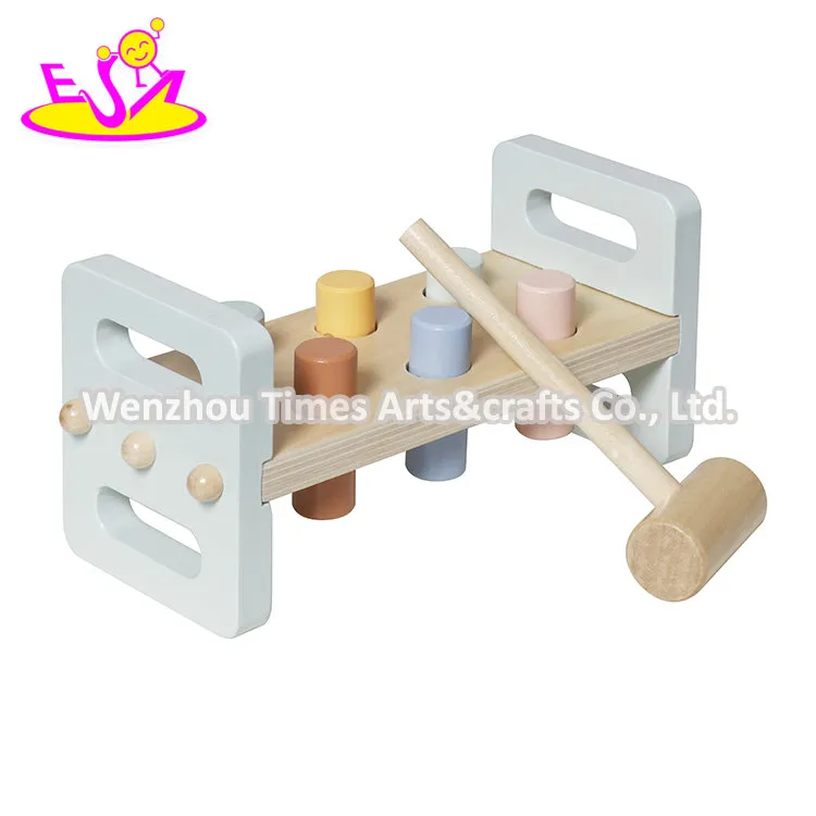 All-in-One Wooden Learning Toy Developmental Hammering Bench, Shape Sorter, and Colorful Stacking Rings W12D757