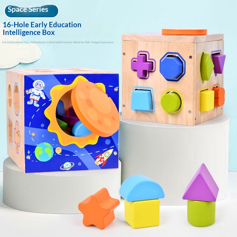 Ouyi Wooden Geometric Shape Matching Building Blocks for Infants Toddlers-Color Cognition Intelligence Development 16-Hole Toy