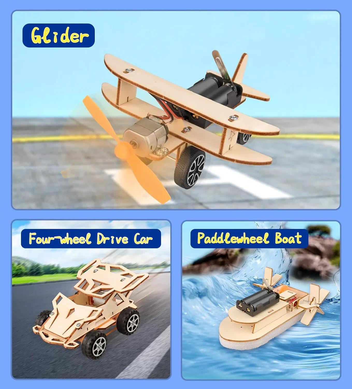 Stem Learning Kit: Wooden Air, Land, and Sea Vehicle Models Stem Kit 3D Construction Stem Creative Science Programming Learning Wooden Educational Toy