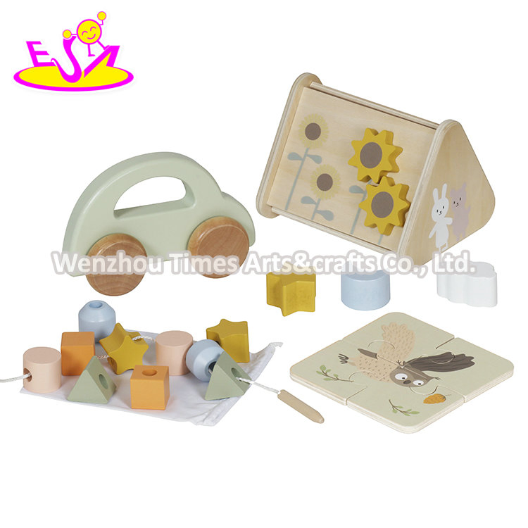 Wooden Kids Learning Activity Toy Set with Shape Sorter, Puzzle, Pull-Along Car and Developmental Play Features W12f301