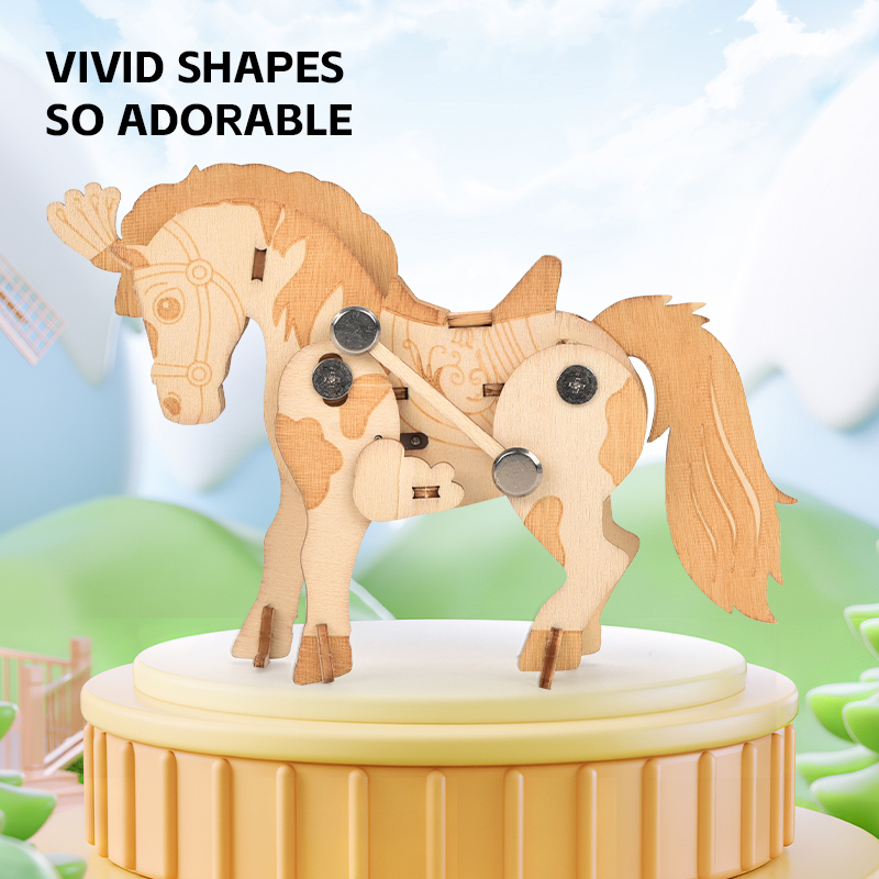 Bemay Toy Hands-on Craft DIY 3D Poplar Wood Puzzle Wind-up Walking Animal Model STEM Educational Kit for Ages 4-6
