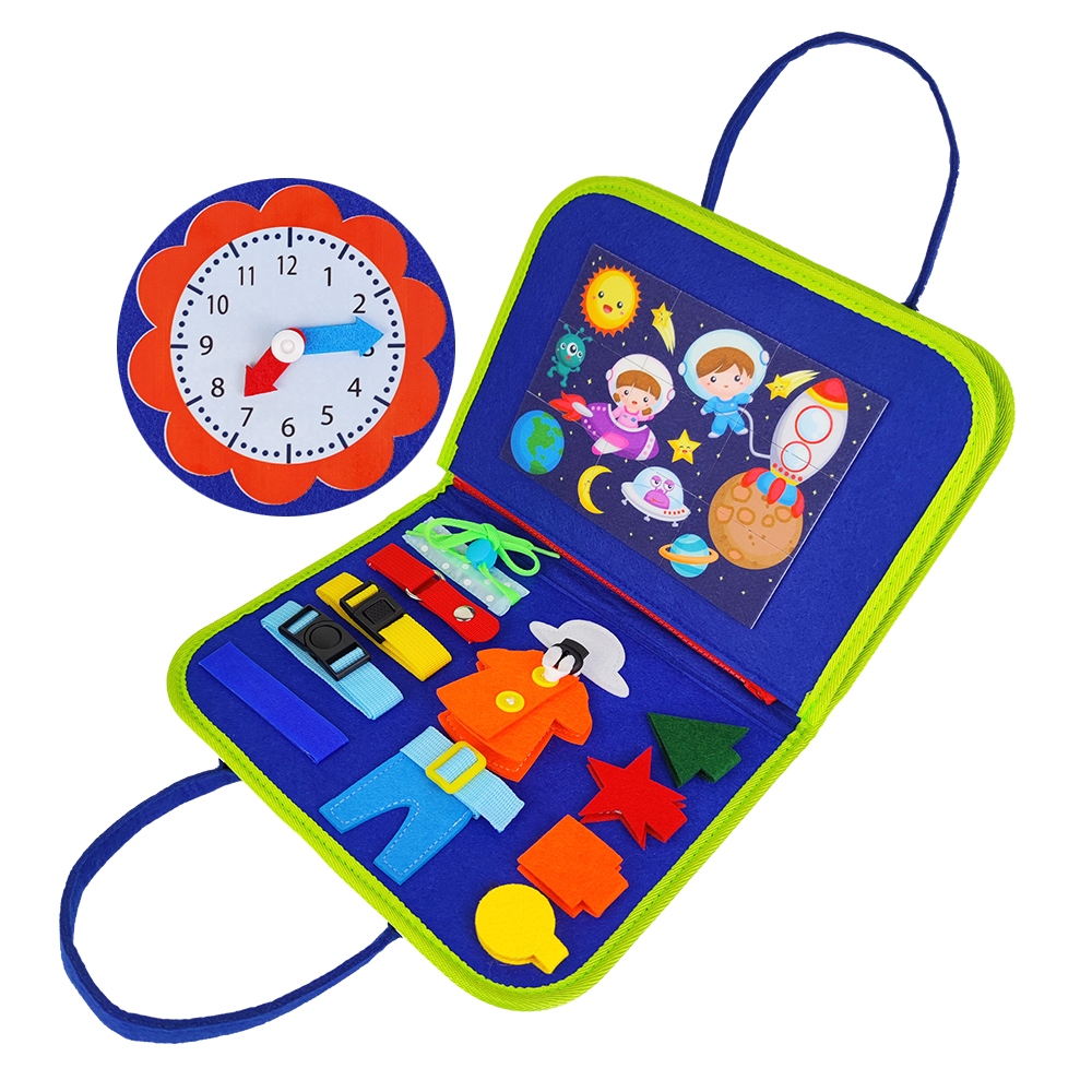 Toddler playing with busy board