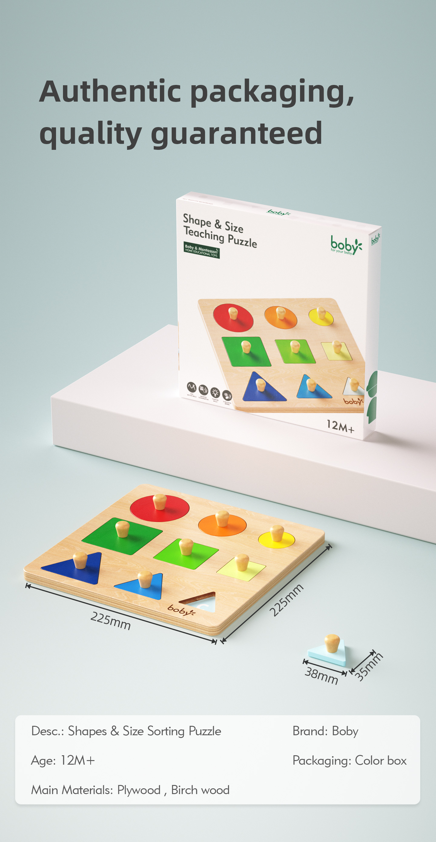 Montessori Wooden Sensory Toys for Kids 1-2 Years Educational Shape Size Gradient Puzzle