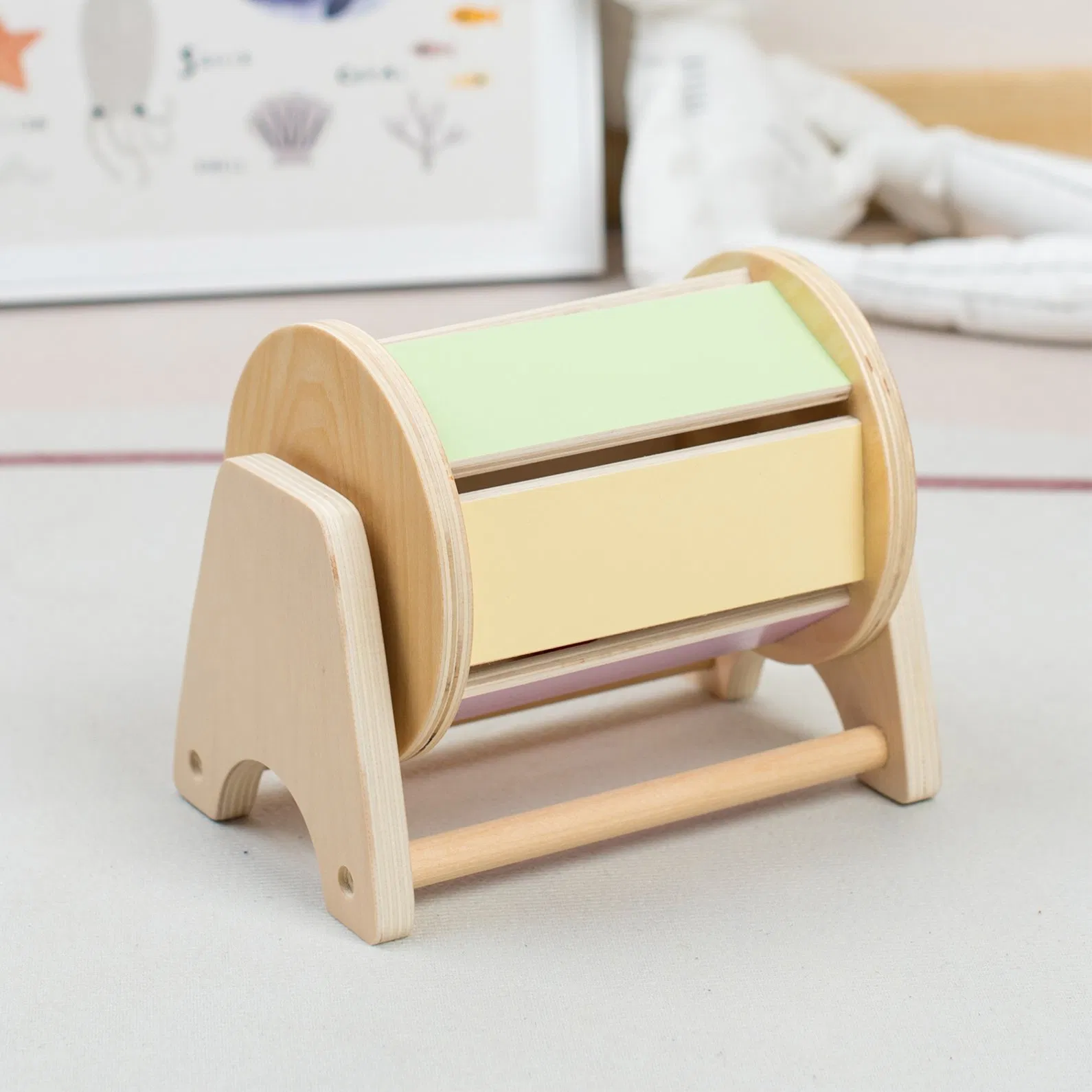 Infant Safe Montessori Wooden Spinning Drum Educational Toy