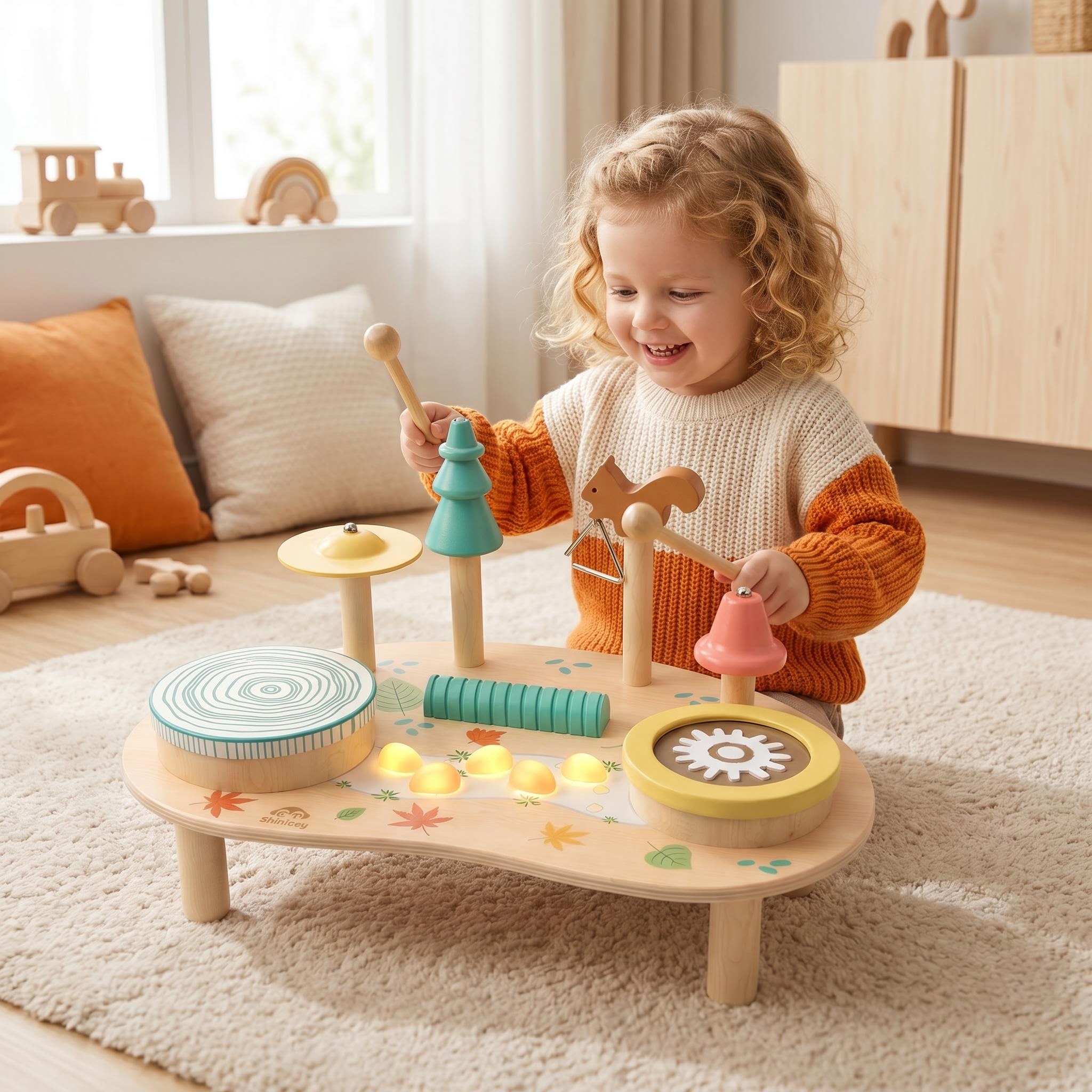 Interactive Wooden Music Station No Keyboard Tune Tides Feature Light Effect Multifunctional Early Education Toy for Children